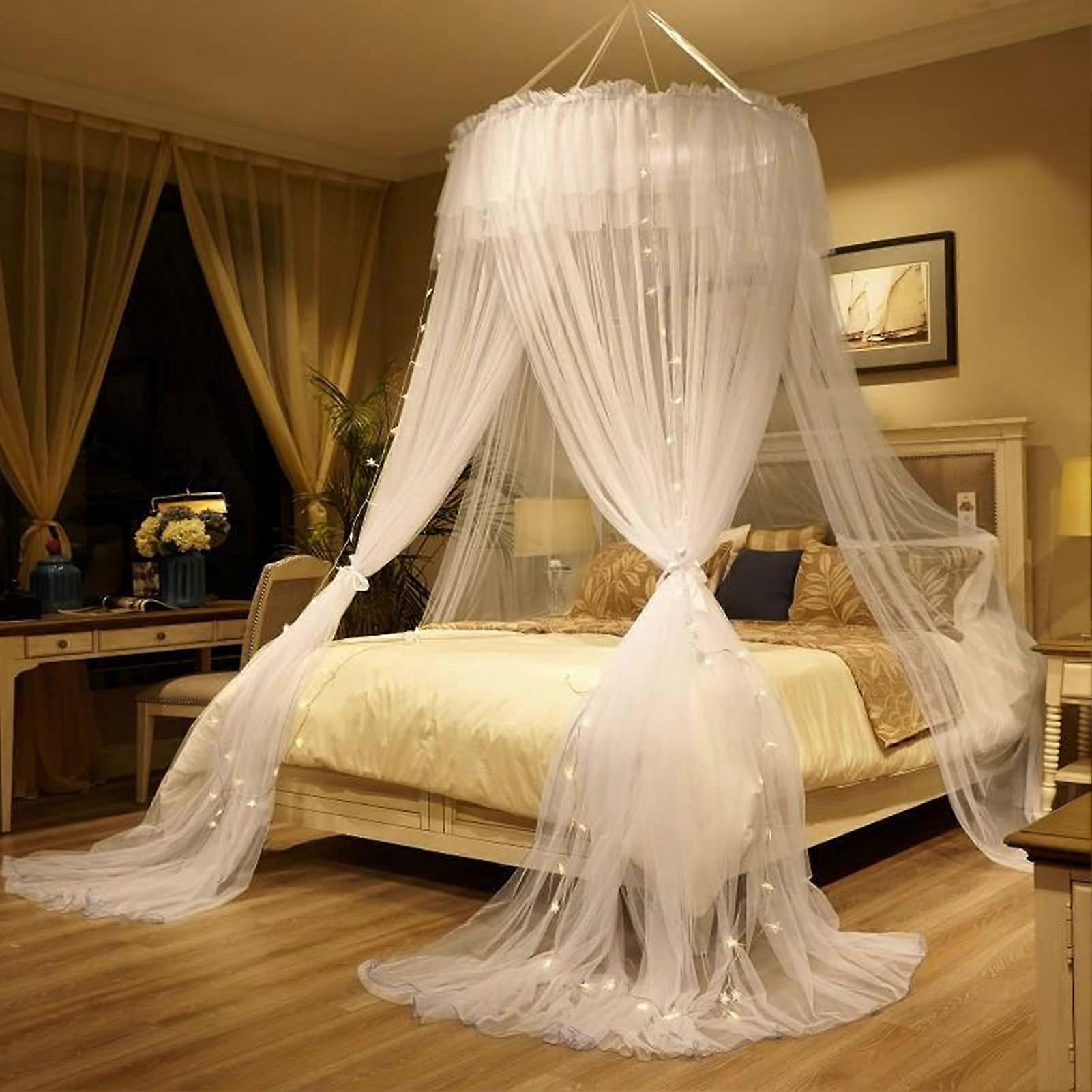 Bed Canopy for Single and Double Beds, White Mosquito Net with String Lights, Lace Dome Tent for Bedroom Decor