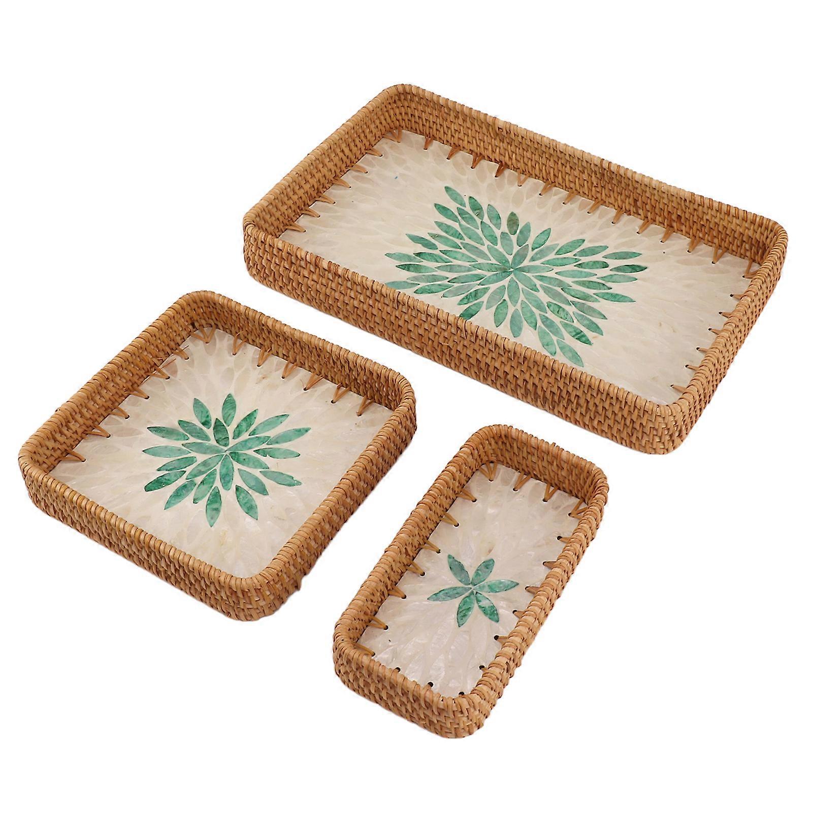 3 Pcs Rectangular Rattan Fruit Trays with Green Leaf Design