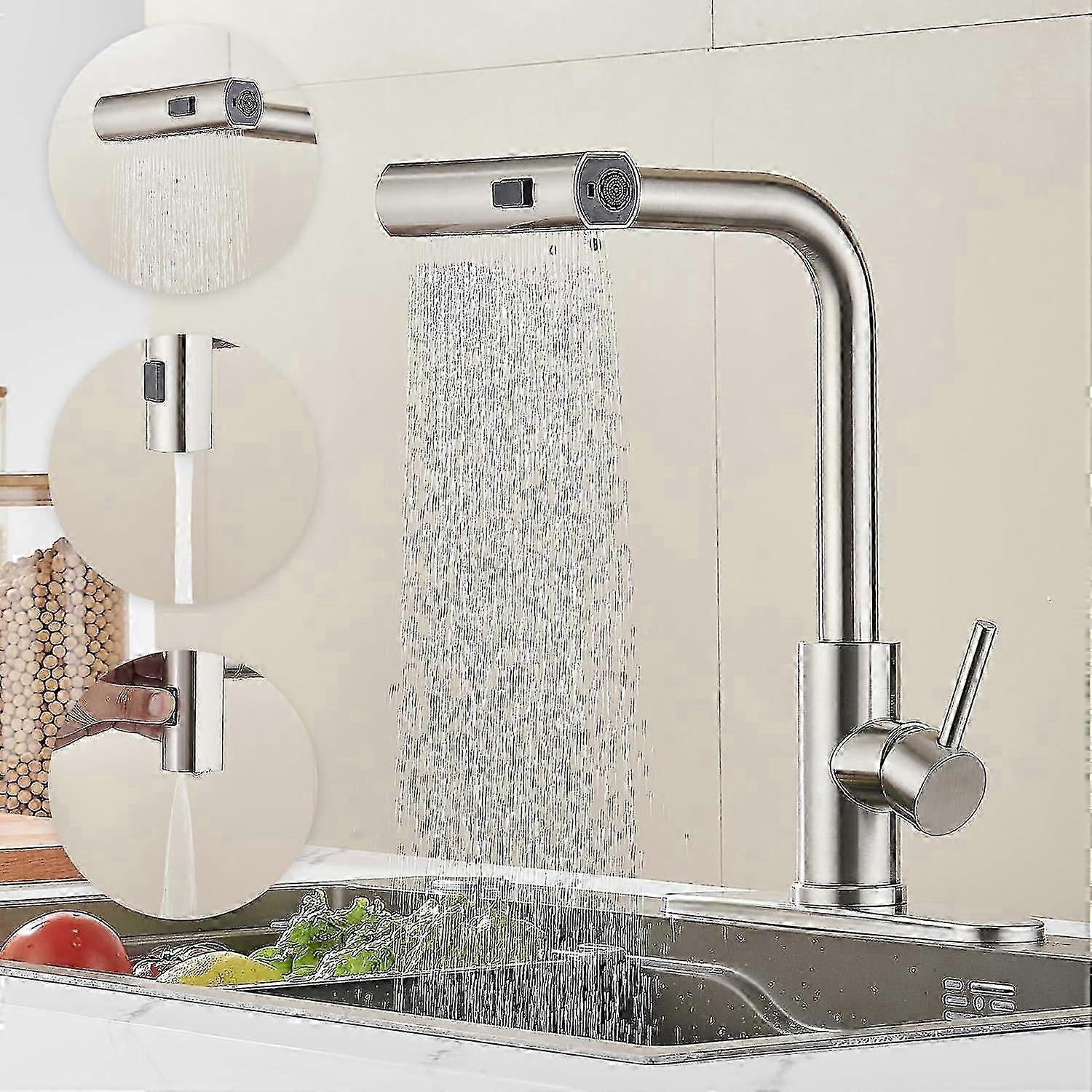 صنبور المطبخ مع بخاخ منسدل ، صنابير بالوعة مطبخ من الفولاذ المقاوم للصدأ تعمل باللمس شلال أسود ، صنابير تجارية حديثة بمقبض واحد