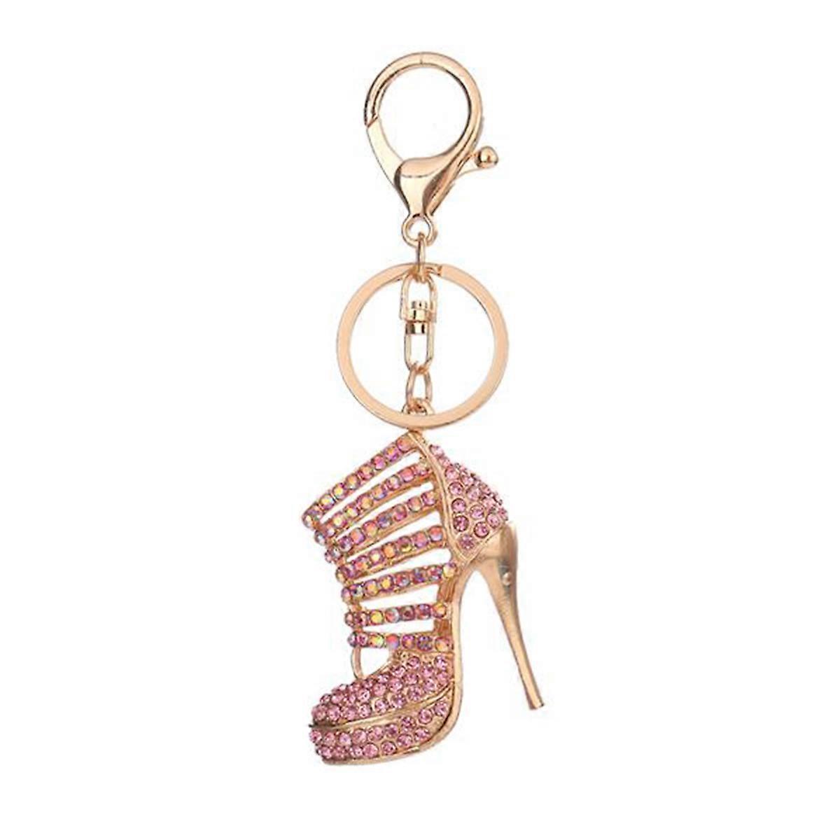 Pink High-heeled Shoe Shaped Key Ring with Diamond Encrusted Design for Bag Pendant and Car