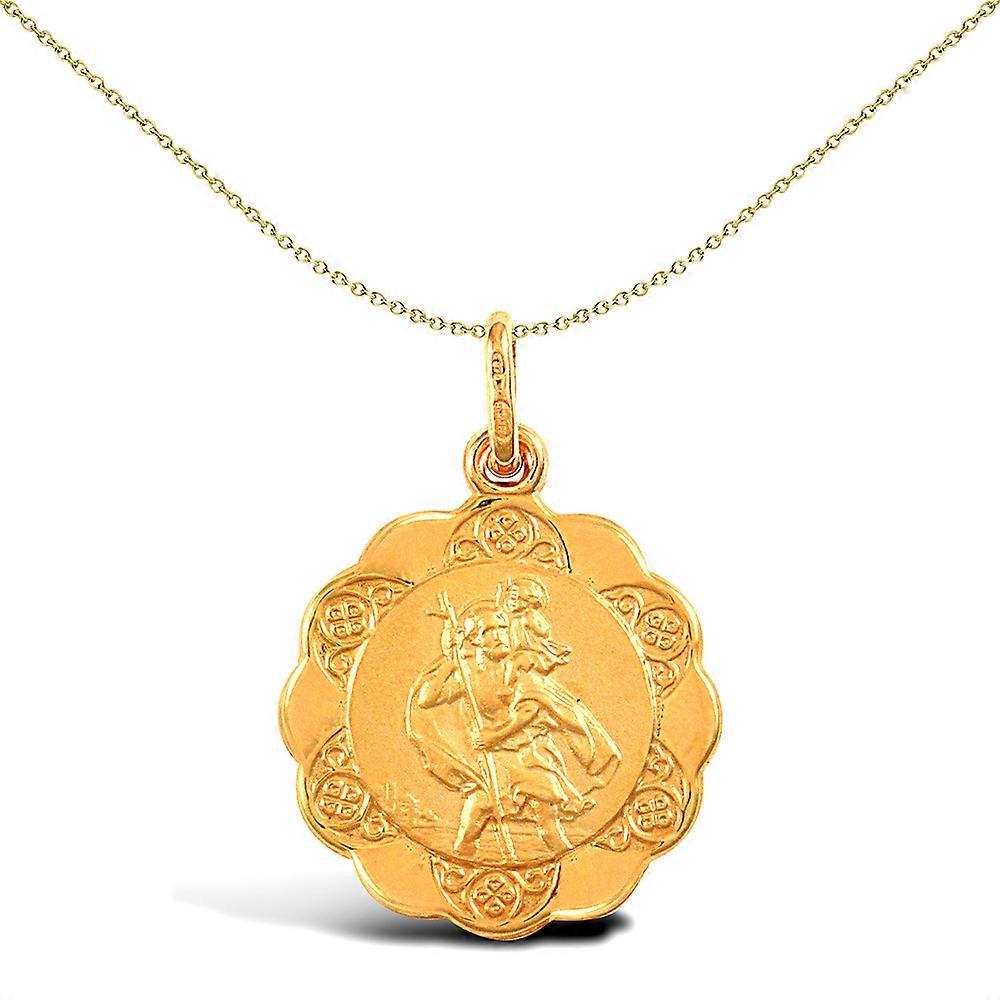 Jewelco London 9ct Yellow Gold Scallop Edged St Christopher Medallion Pendant