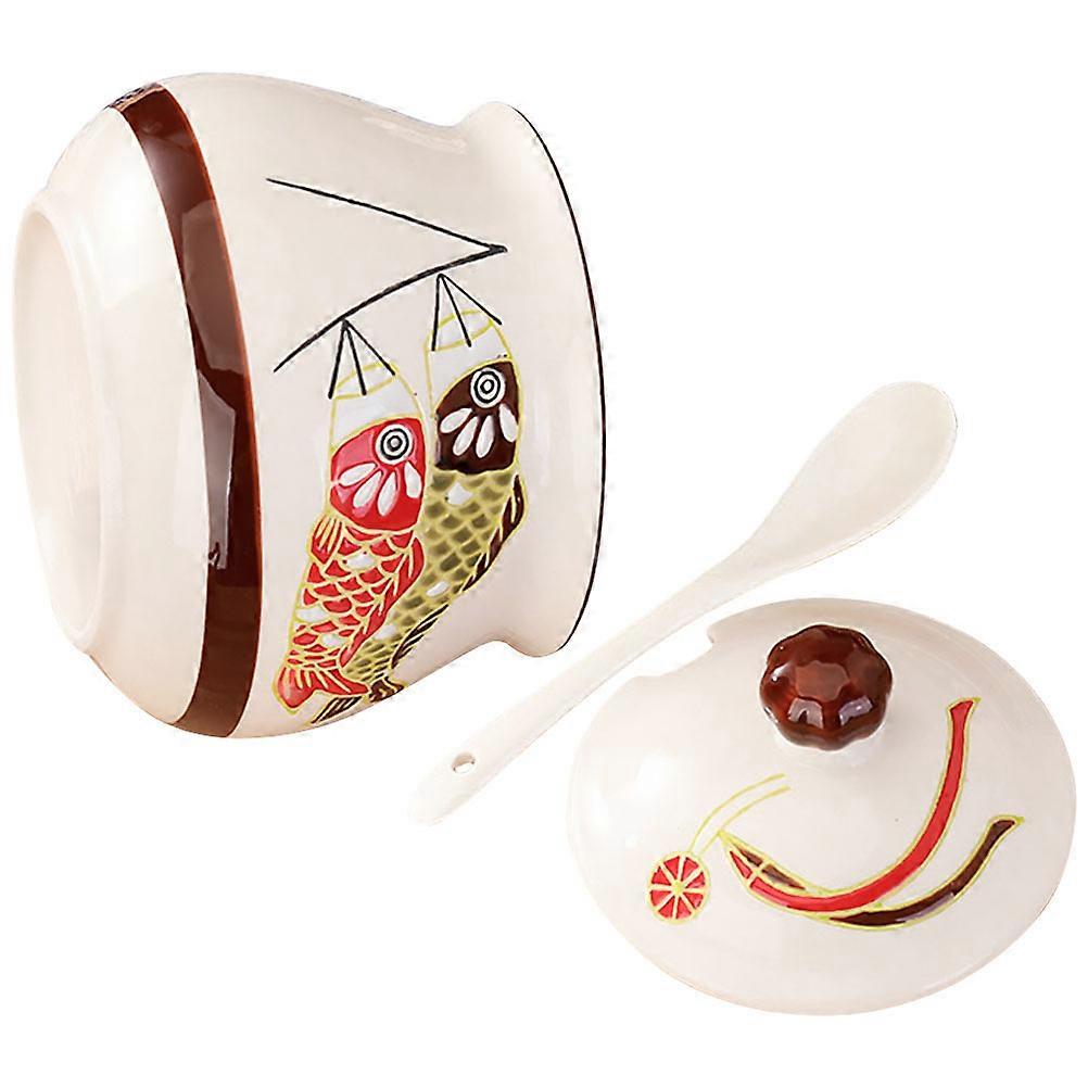 Japanese Style Ceramic Salt Can for Home Use with Lid and Spoon Multi