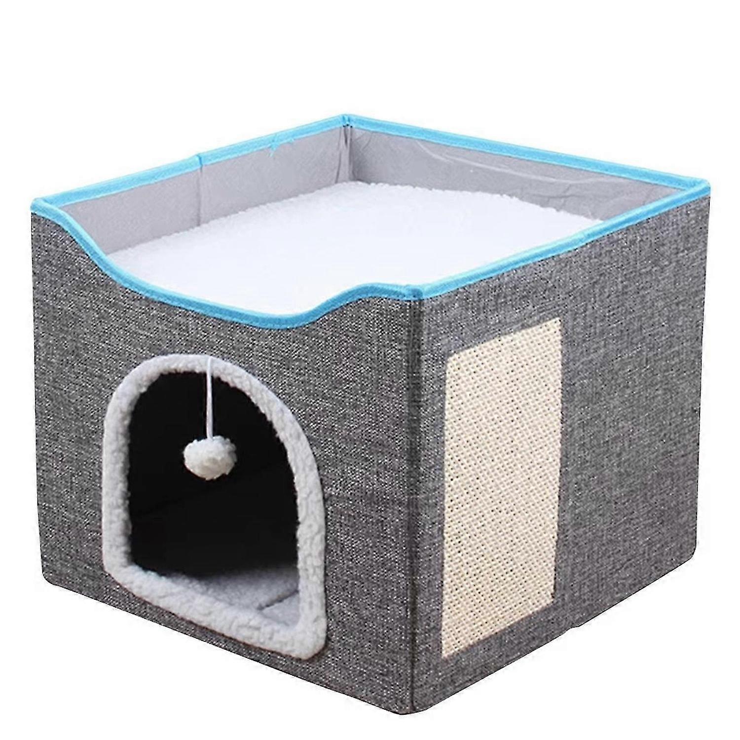 Cat Bed Foldable Cat House with FluffyBall & Scratch Pad Cat Cube Cave Large Kitten Sleeping Comfort