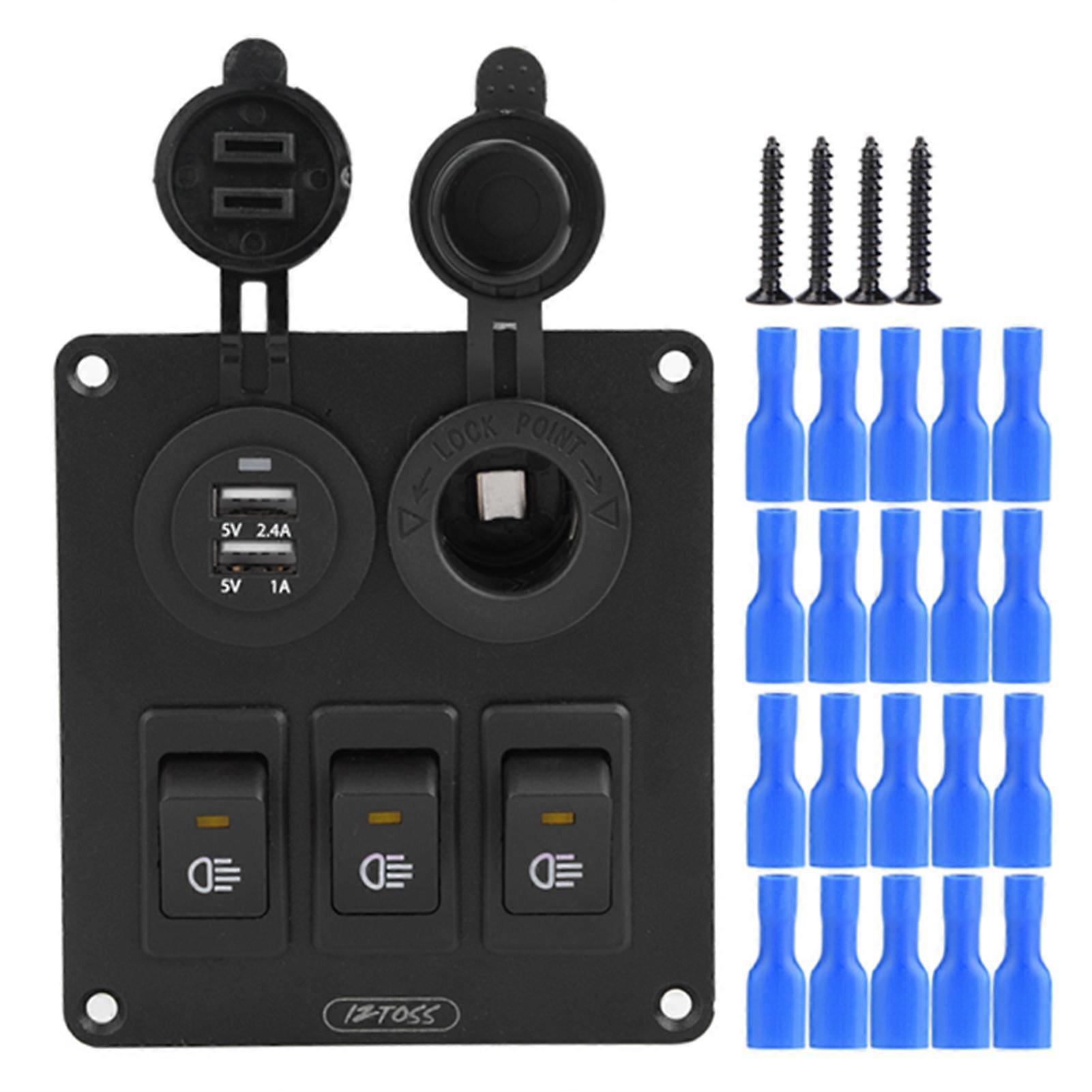 Interrupteur à bascule simple à LED pour voiture marine 3+2, vert + chargeur de voiture, allume-cigare jaune