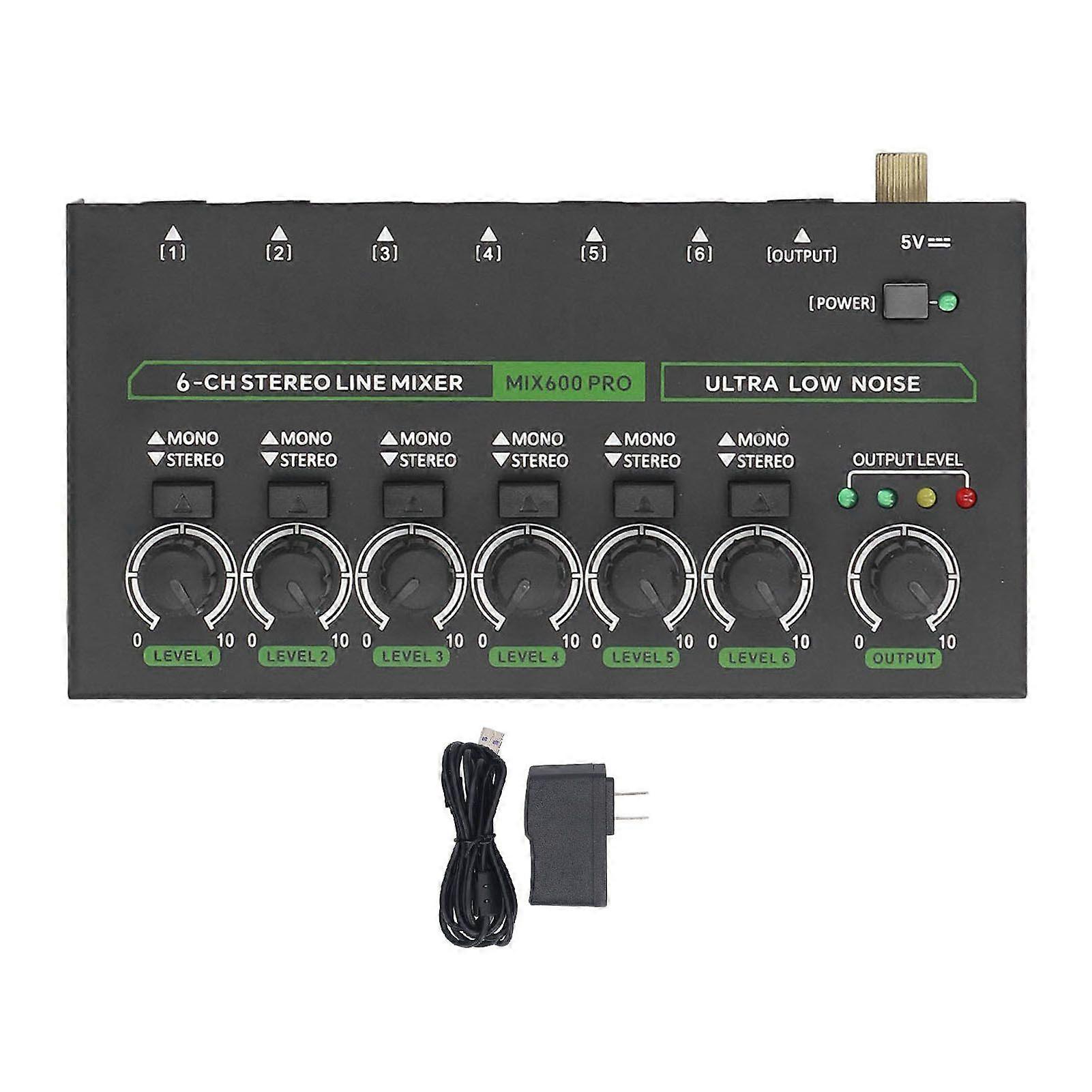 6 Channel Mixer with RGB Light 1/4 TRS TS Low Noise Stereo Mono Switching Line Audible Mixer for Stage Recording Studio US Plug