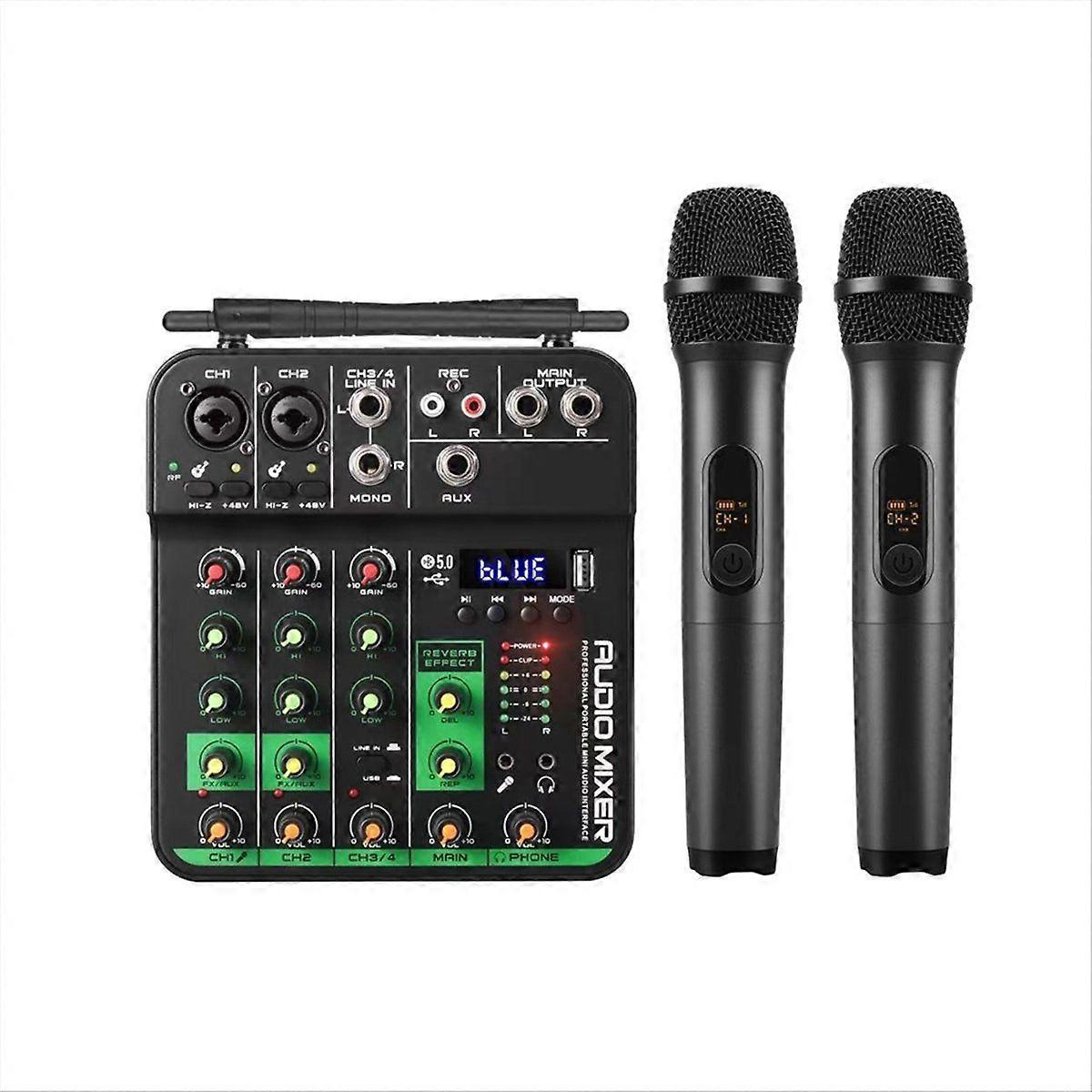 Audio Mixer with 2 Wireless Microphone 4 Channel UHF USB Delay Repaeat Effect Sound Mixing Console