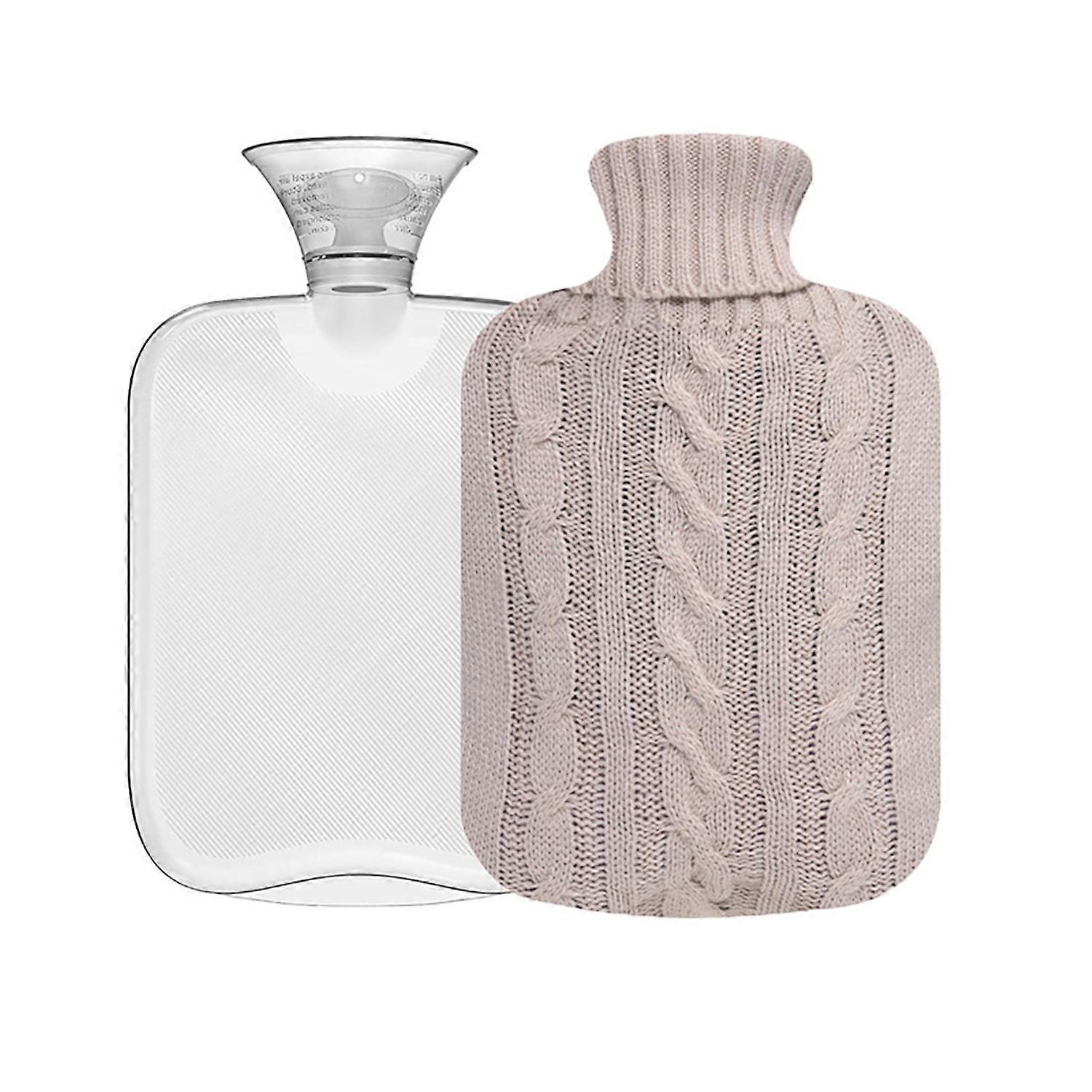 OliviaLiving 2 Liter Classic Transparent Hot Water Bottle with Knit Cover - Cramp Relief, Pain Management, and Cozy Nights - Water Heating Pad