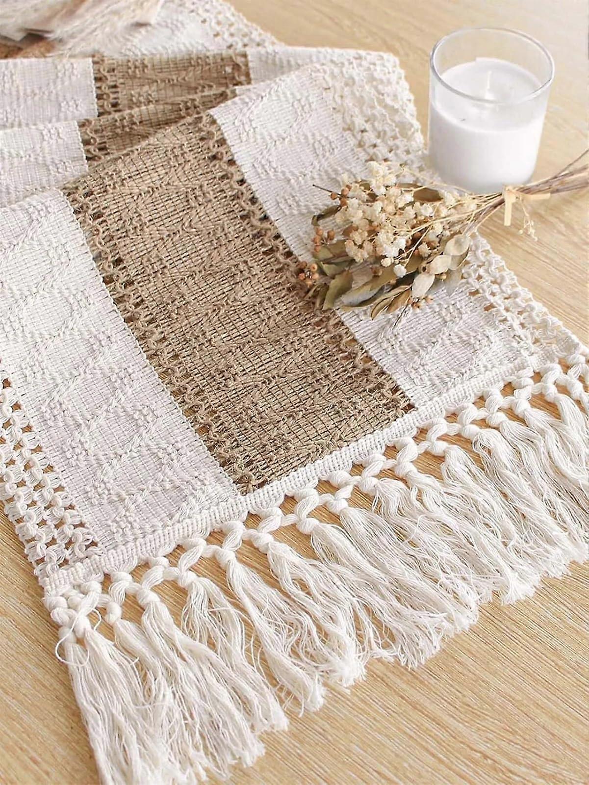 Table Runners Handmade Macrame Rectangular Cream And Brown Tassels 30x120cm Boho Kitchen Dining Home Decor