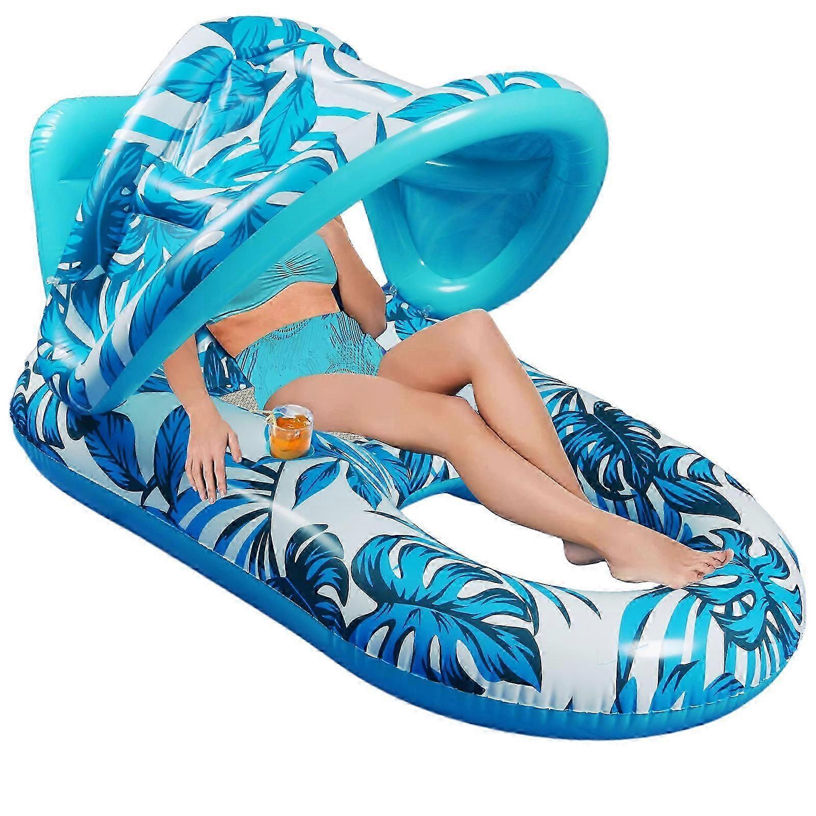 Lounge Float with Canopy UPF50+, Extra Large Pool Floats For Adult_s, Inflatable Lounger Float with Cup Holder, Backrest & Footrest
