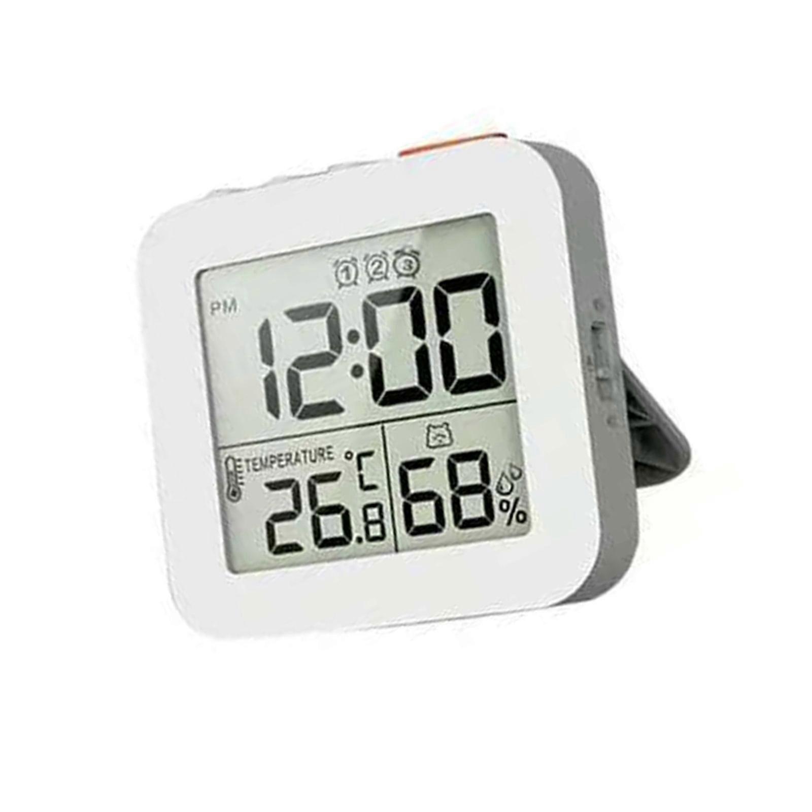 Digital Alarm Clock with 3 Alarms LCD Screen Backlight Snoozes Indoor Temperature Humidity Monitor Battery Operated  White