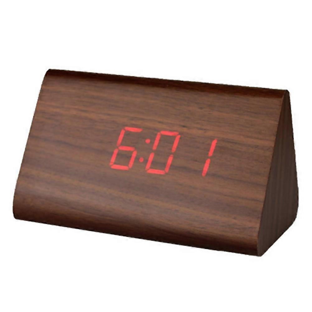 Modern Triangle LED Wooden Alarm Clock Classical Digital Sound Control Desk Clock Thermometer (Brown Wood and Red Light)