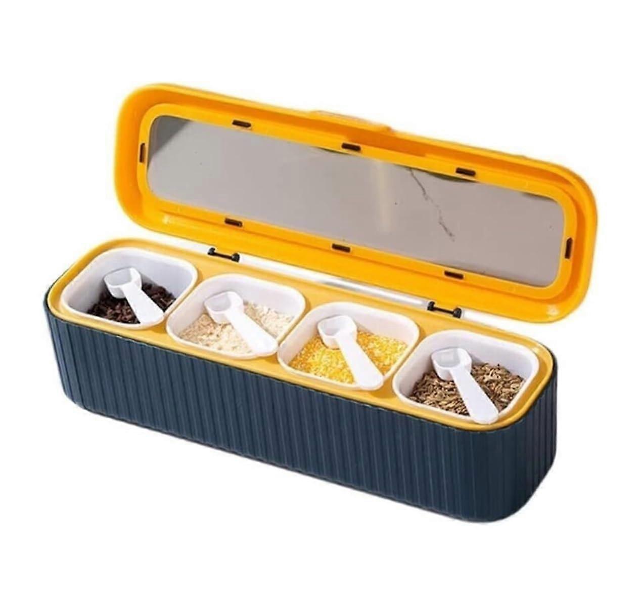 Spice Storage Box 4 Grid Airtight Seasoning Container Set for Kitchen and Camping Blue