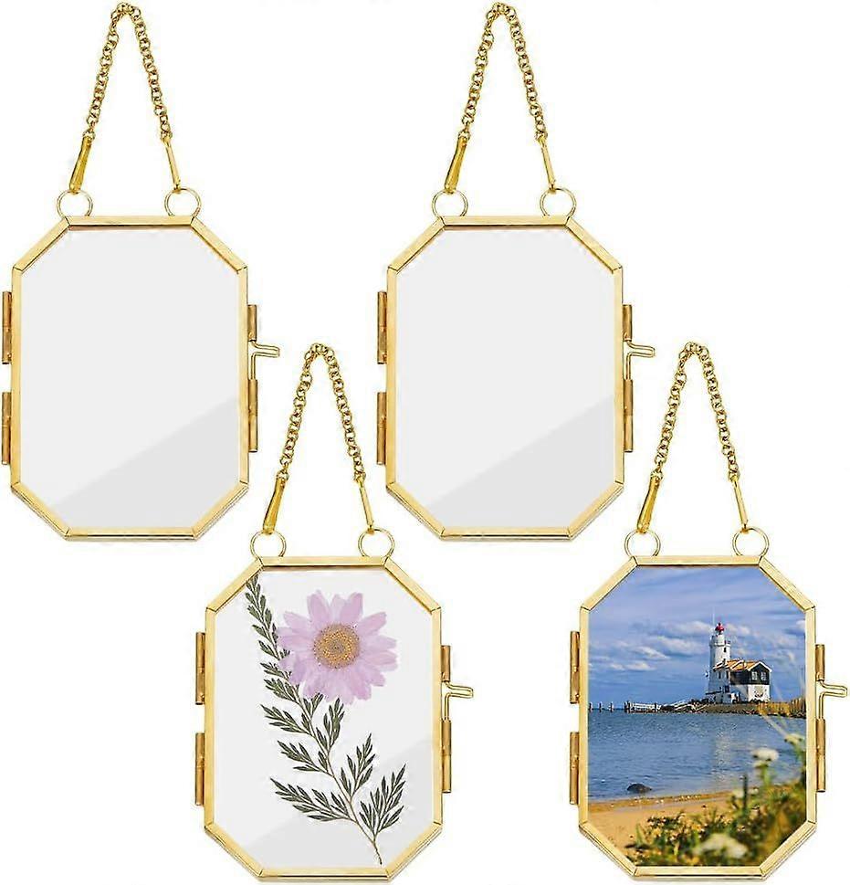 4Pcs Wall Hanging Photo Frames 3.9x2.64 Inch Double Glass Picture Frame with Chain Octagonal Brass Frame DIY Vintage Artwork Display Frames for Presse