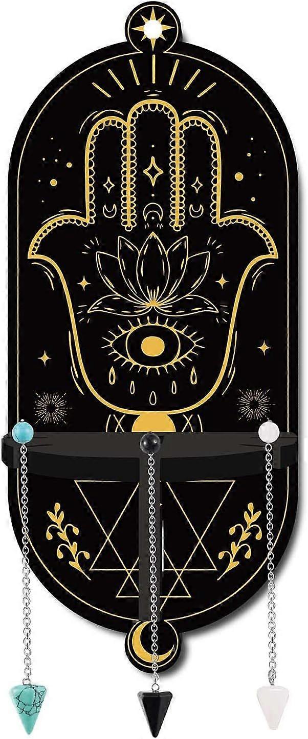 Small Shelf Display Hamsa Hand Star Wooden Holder Stand with 3Pcs C1 Gemst1 Pendulum Chains Magical Boho for Hanging Crystals St1 Wall Decor 3.03 x 7.