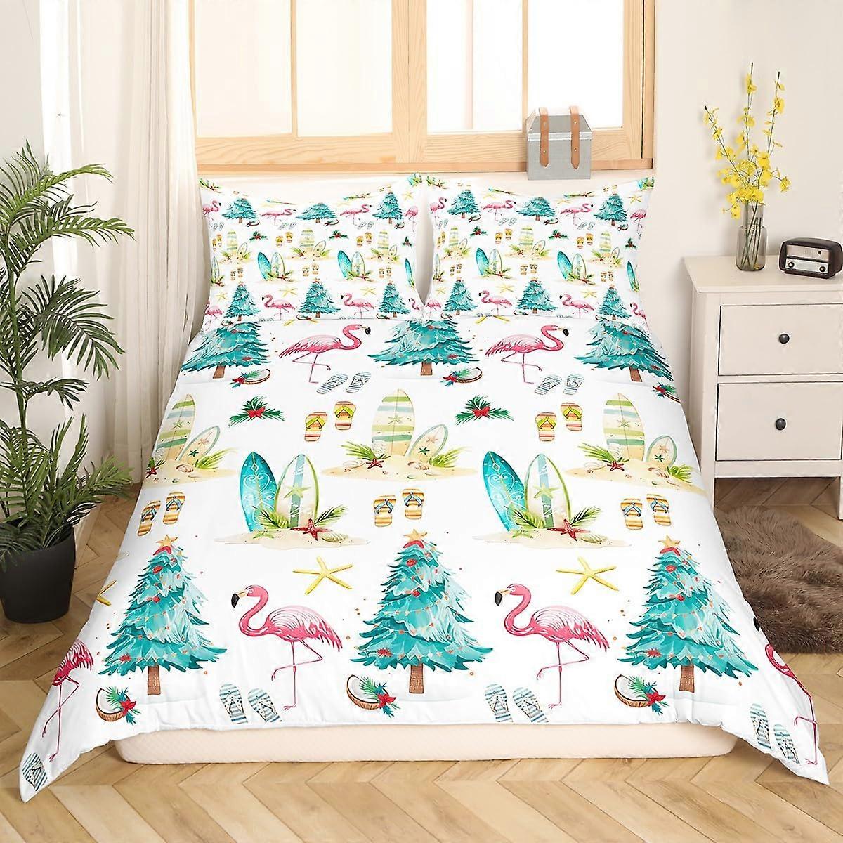 King Size Microfiber Duvet Cover Set with Pillowcases, Watercolor Beach Flamingo Surfboard, FadeResistant Breathable Fabric