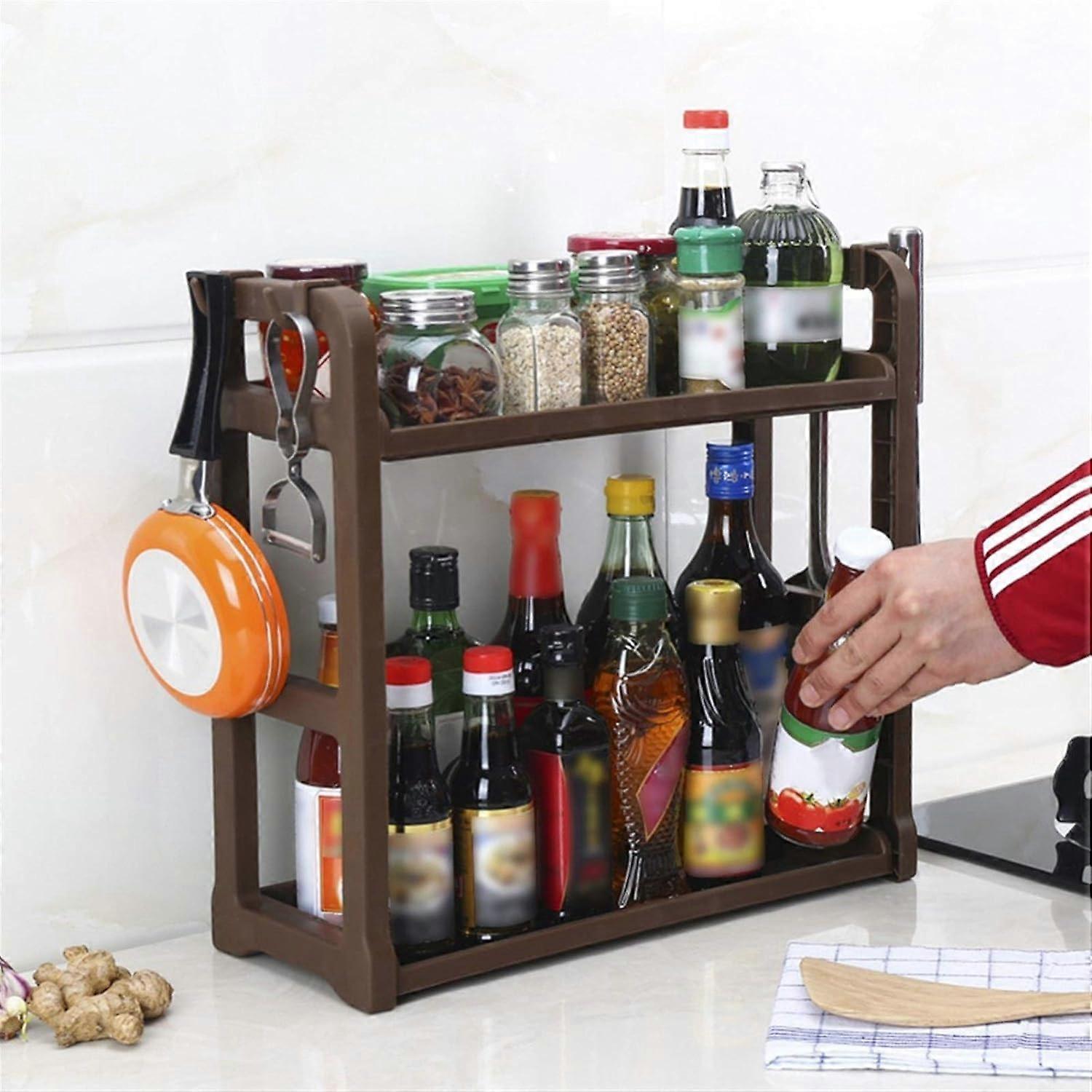 2 Tier Kitchen Countertop Organizer Spice Rack Shelf with Hooks Detachable MultiPurpose Design