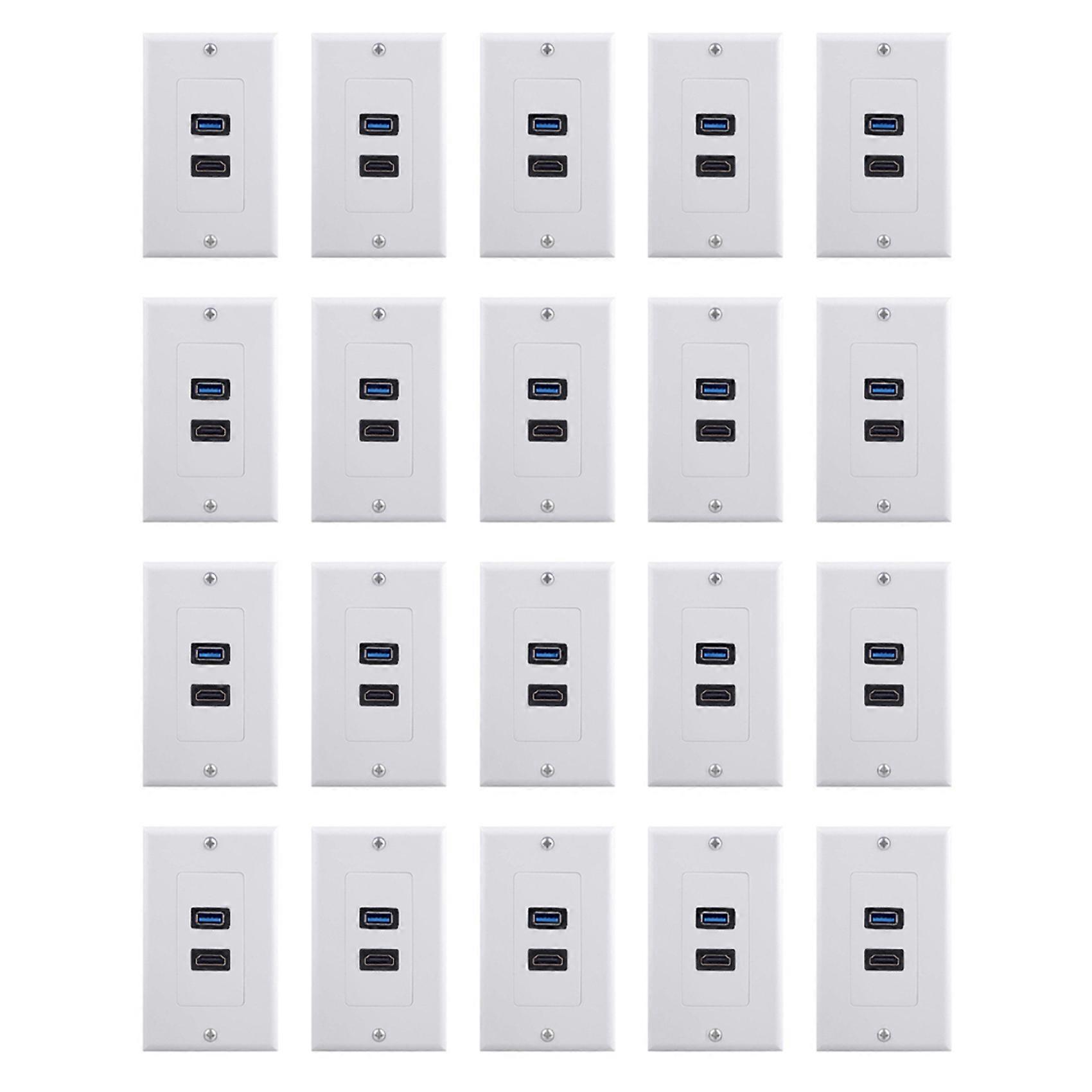 20x 2Port HDMI+USB 3.0 Female Wall Face Plate Panel Outlet Socket Extender White