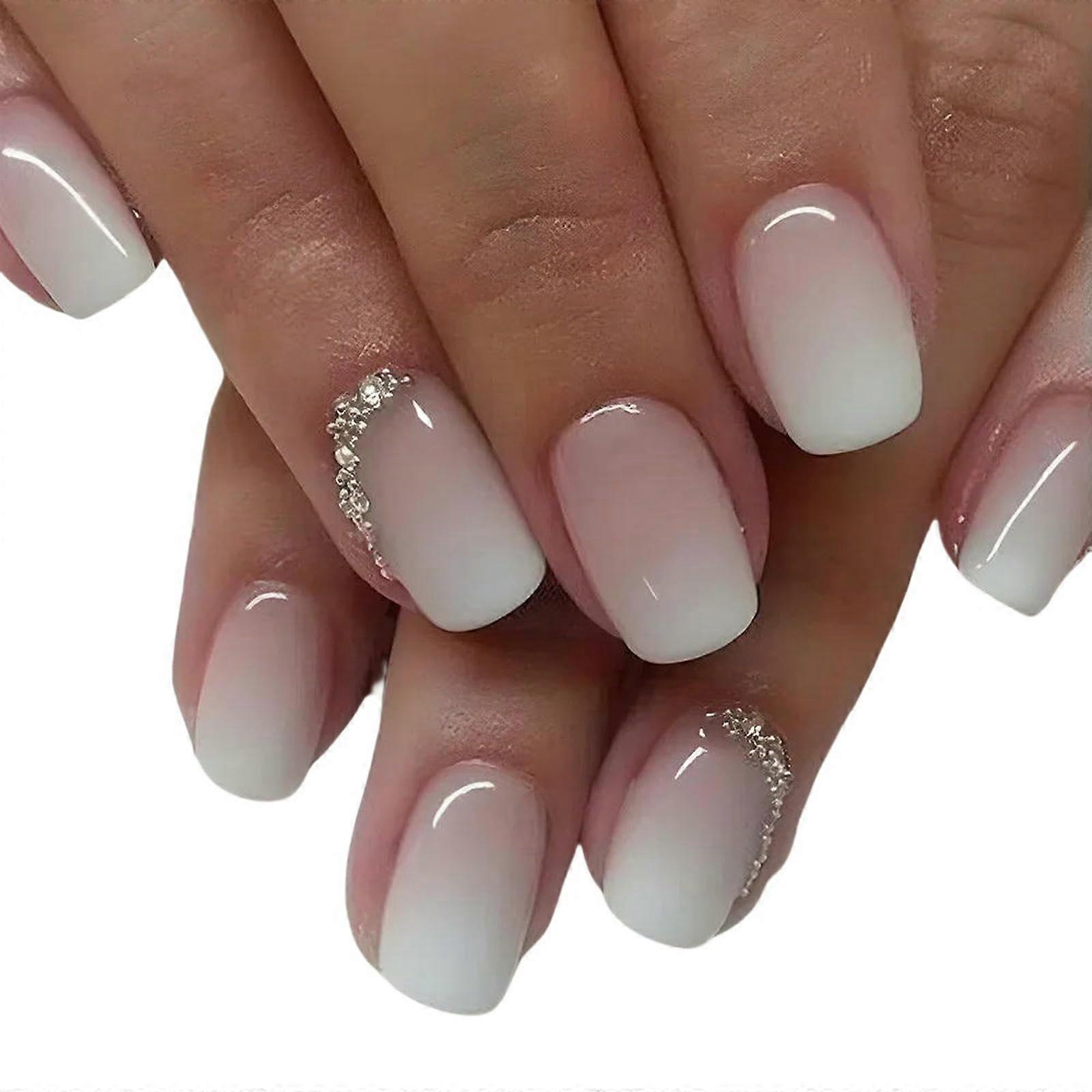 24pcs Shiny Pearl Press On Nails Short Square Ballerina False Nails Reusable Full Coverage Tips