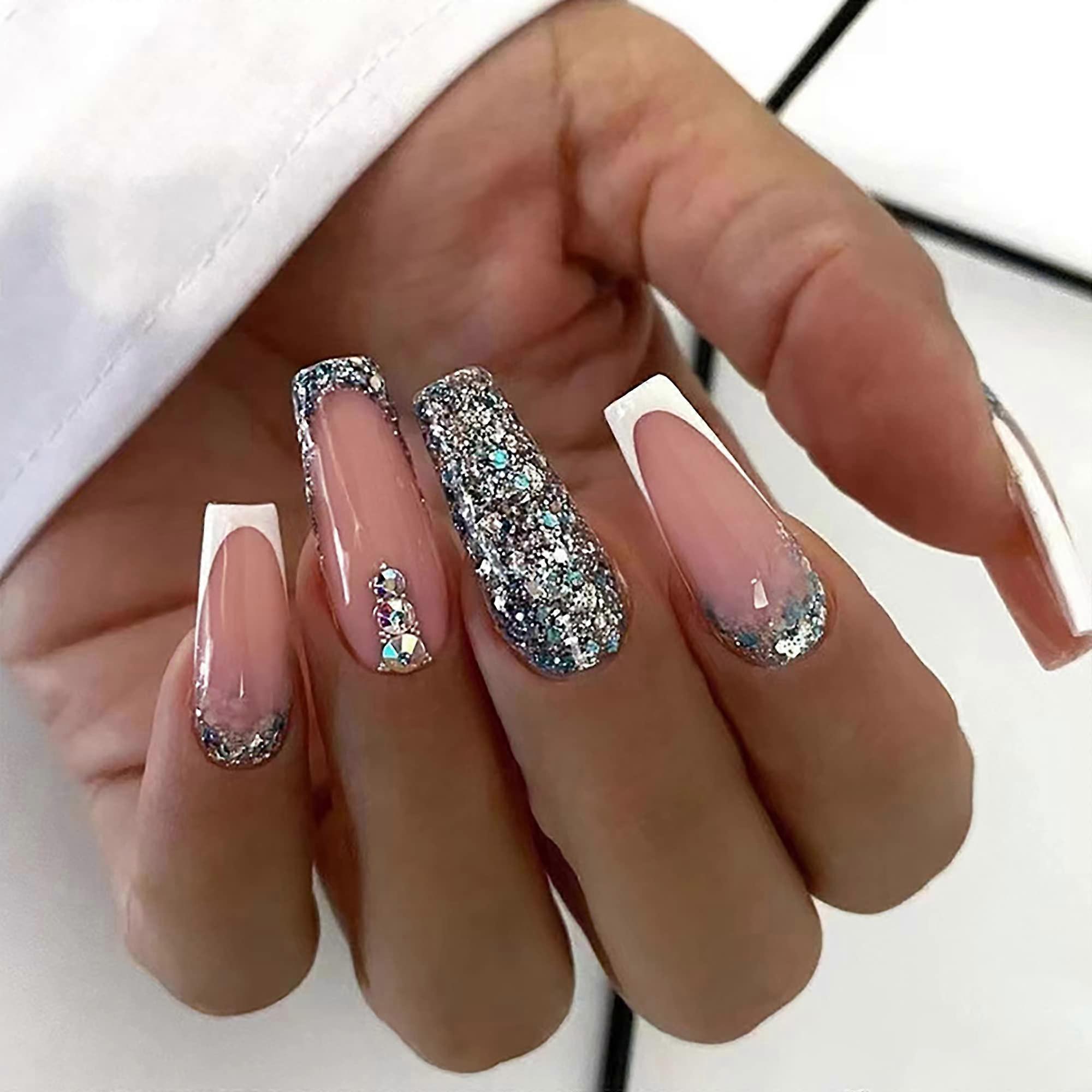 Coffin Shape Press On Nails with Rhinestone Glitter, Medium White Tip Fake Nails, 24Pcs Reusable Set
