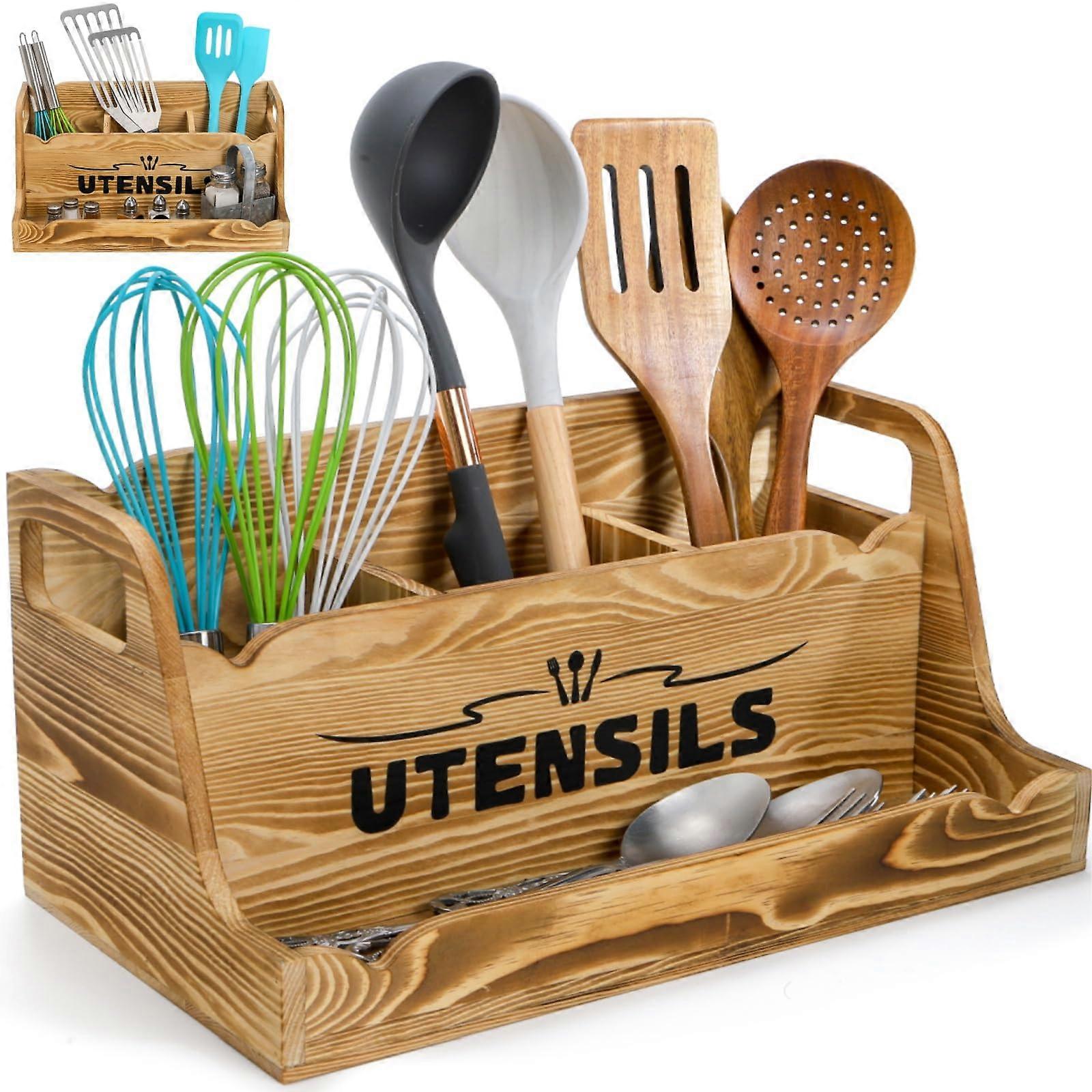 Extra Large Wooden Kitchen Utensil Holder with Compartments and Spice Bottle Storage Caddy