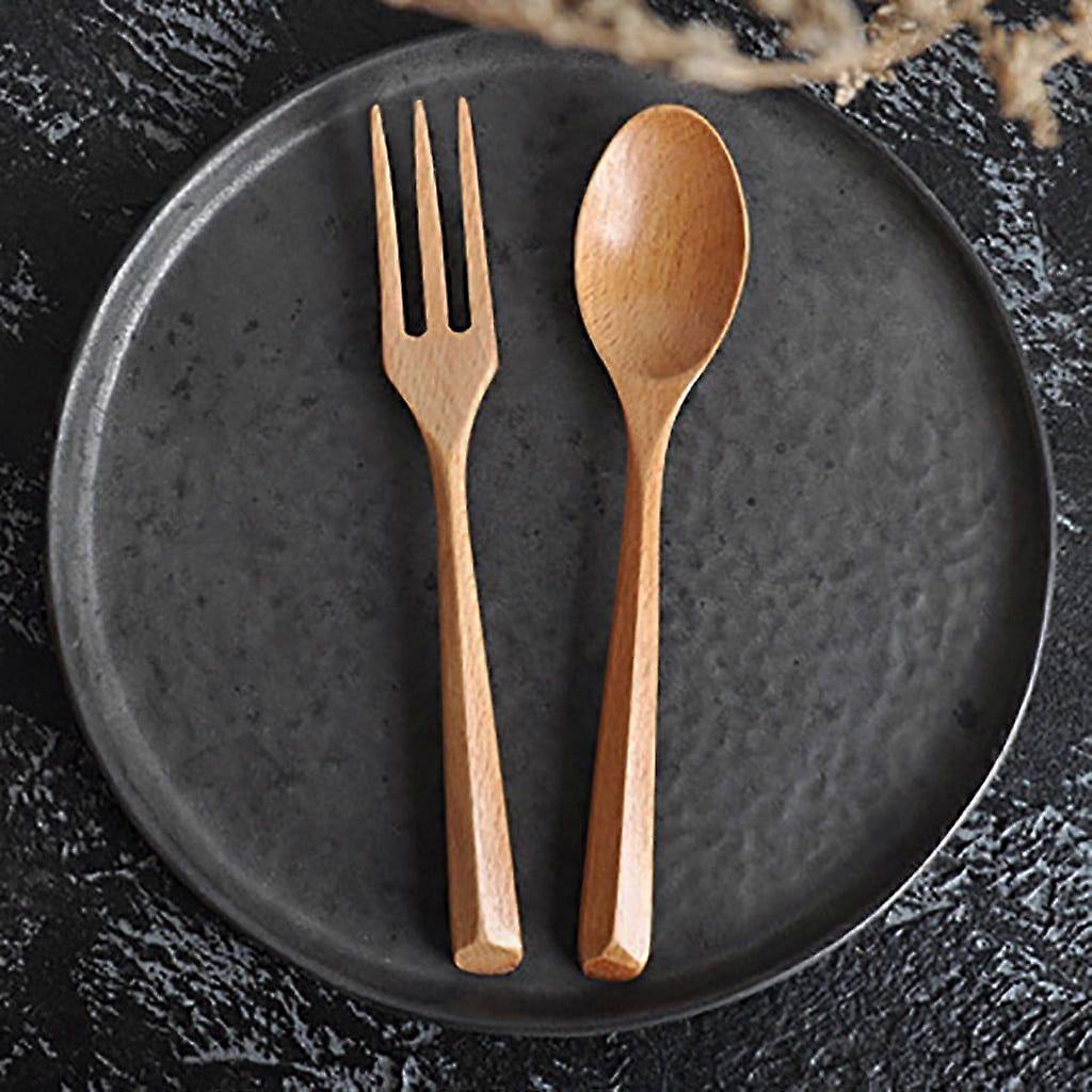 natural flatware reusable spoon solid color tableware fork set portable wooden