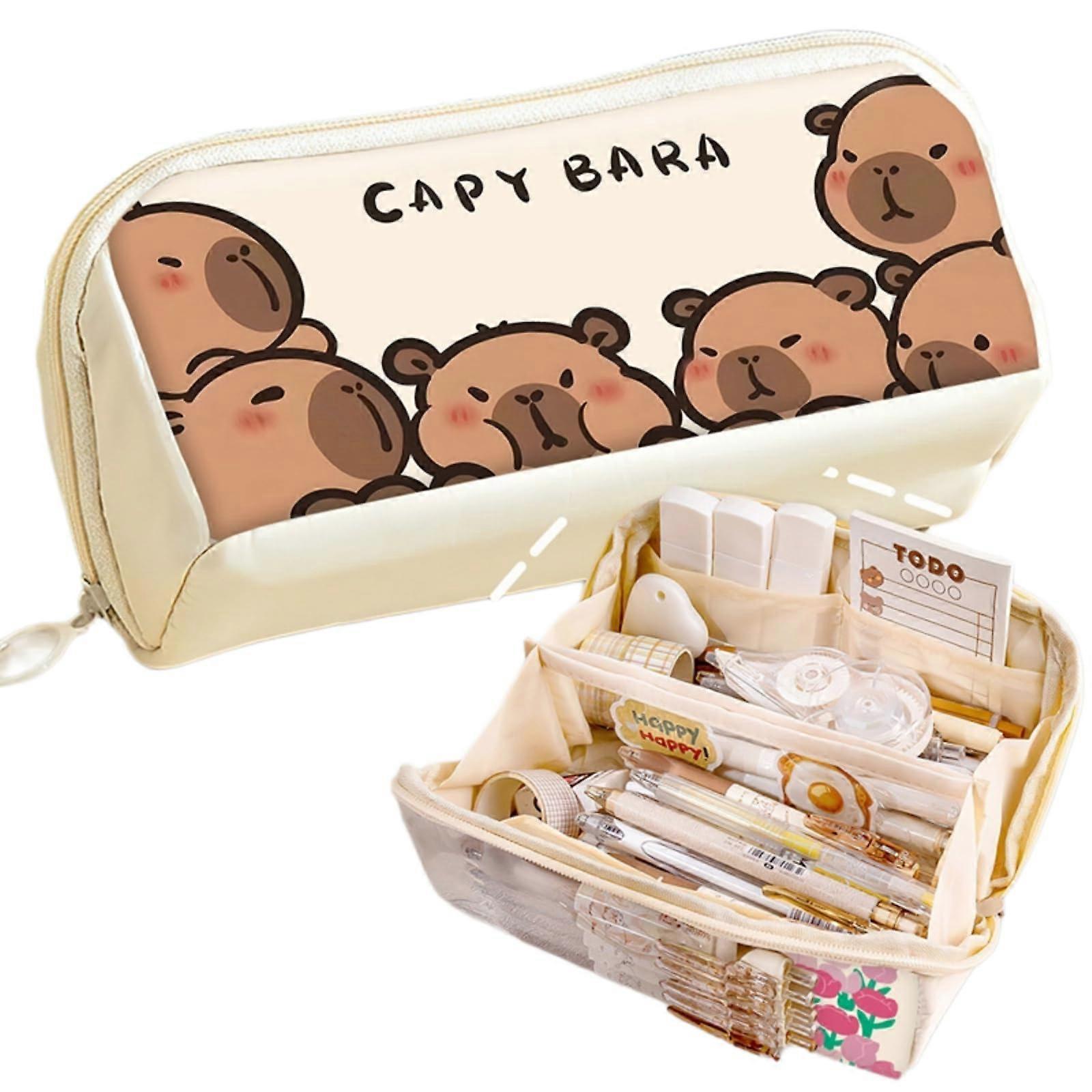 Large Capacity Pencil Case with MultiLayer Storage and Playful Capybara Print Beige
