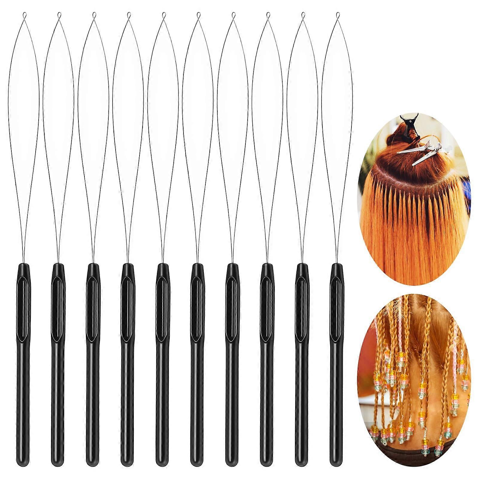 10pcs Black Hair Extension Tools Set with Hair Loop Threaders for Fast Bead Threading and DIY Use