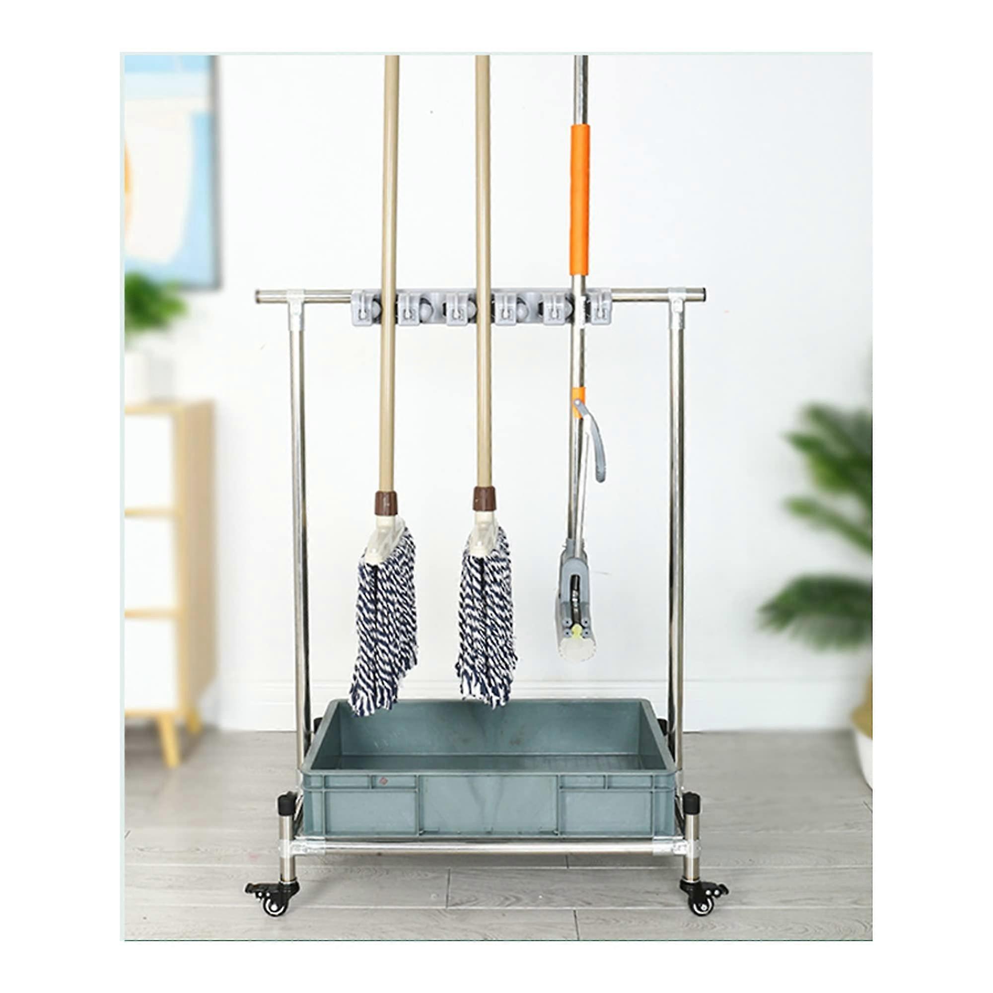 Mop Holder with Drip Tray, Commercial Mop Rack, Heavy Duty MultiTool Storage with Lockable Wheels