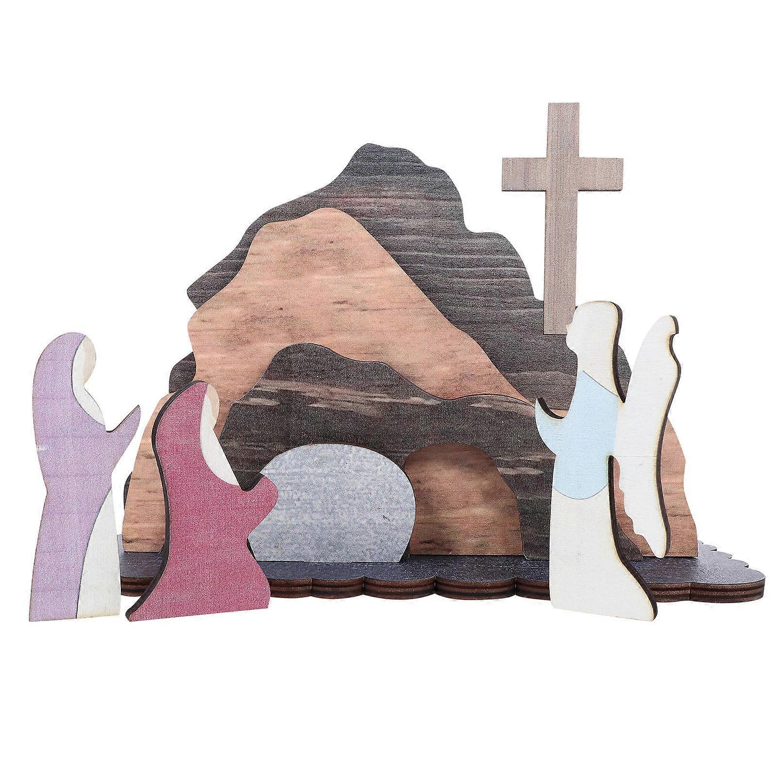 Wooden Easter Scene Decor Jesus Layout Ornament for Decor 1Set