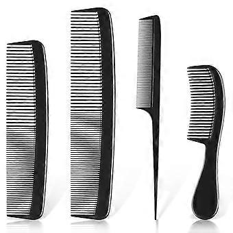 4 Piece Professional Black Comb Set for Men and Women-Fine Tooth, Rat Tail, Beard and Mustache Combs-Parting and Teasing Tools for All Hair Types