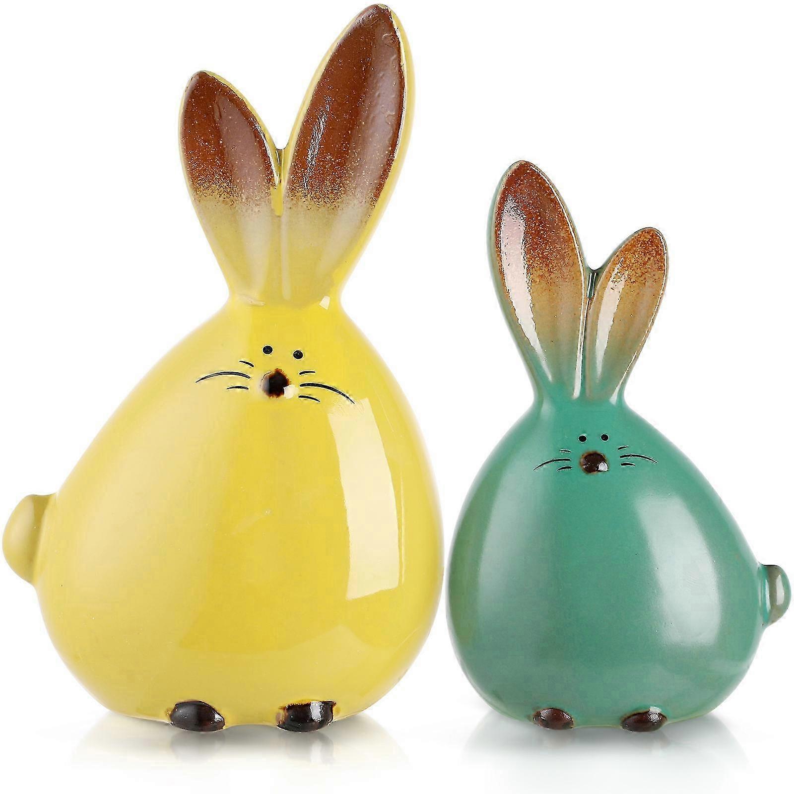 Assorted Color Bunny Statue Ceramic Figurines compatible with Decoration 2Pcs