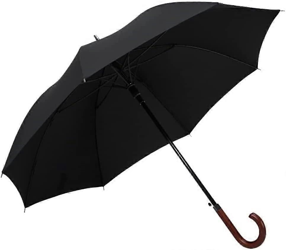 Windproof Golf Umbrella with Solid Wood Hook Handle, Automatic Open, Vented Canopy, Retro Black