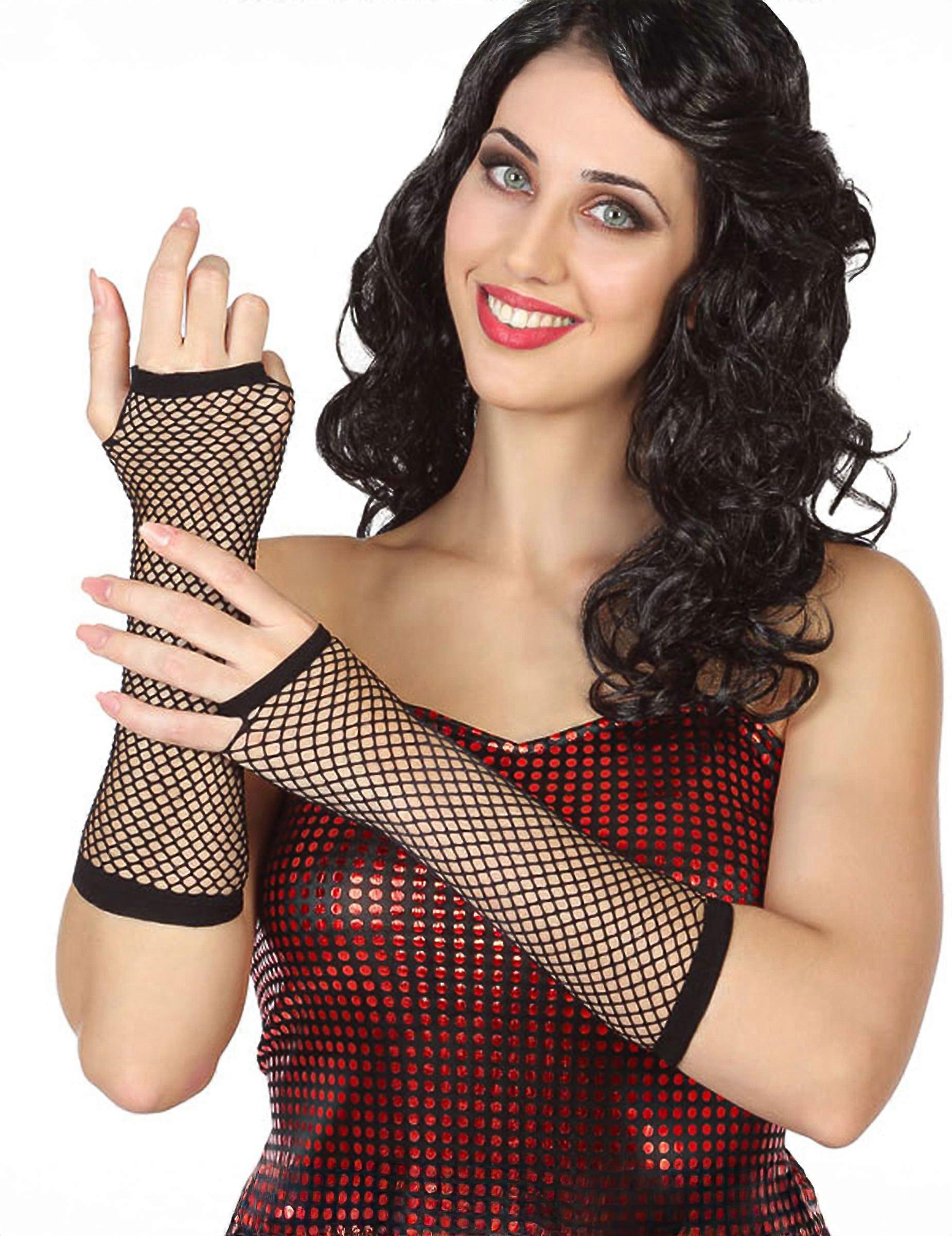 Women's long black fishnet mittens