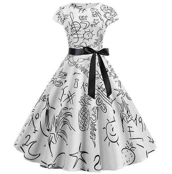 Explosive Women's Retro Hepburn Style Digital Print Large Swing Skirt Waist Long Skirt Dress