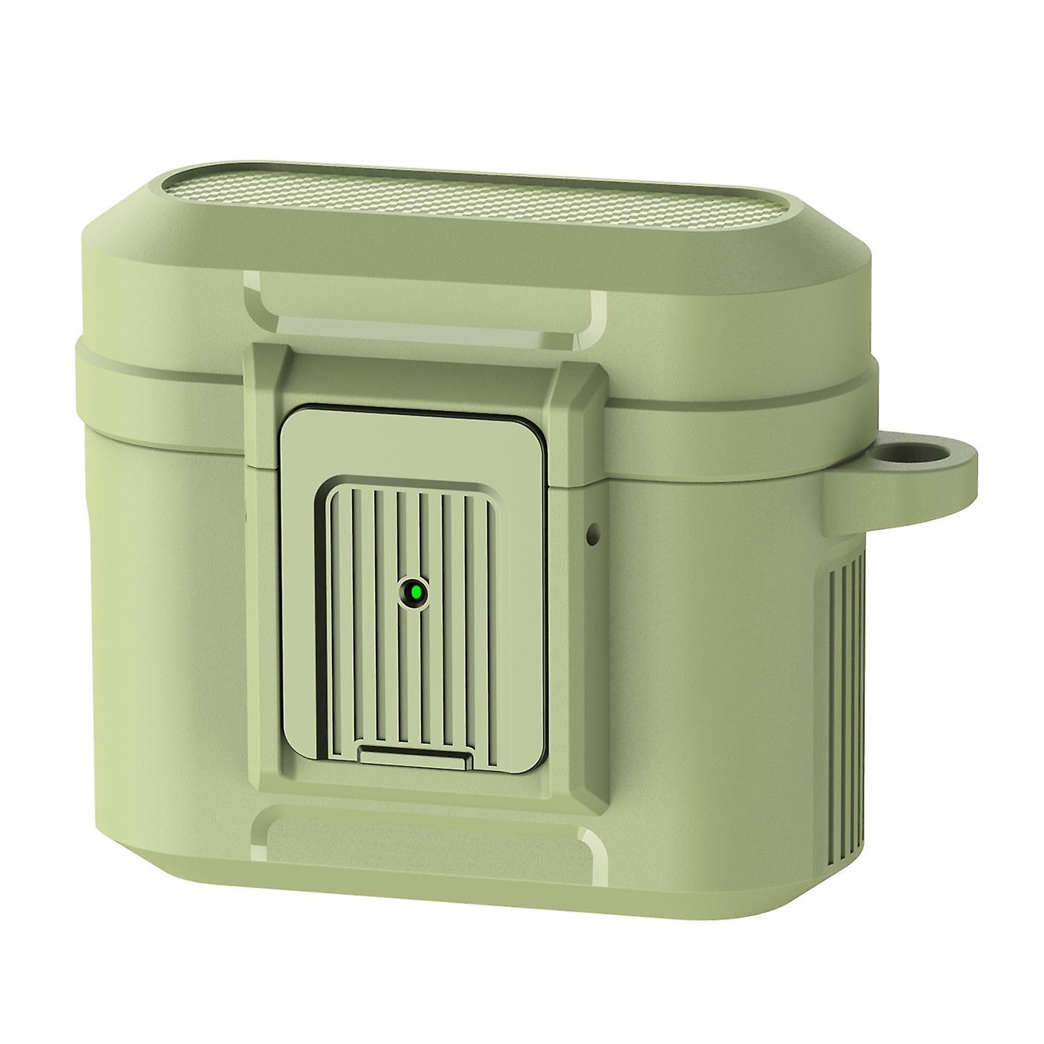 For Apple AirPods 3 Earphone Case PC + TPU Lock Design Earbud Cover with Hanging Buckle-Army Green