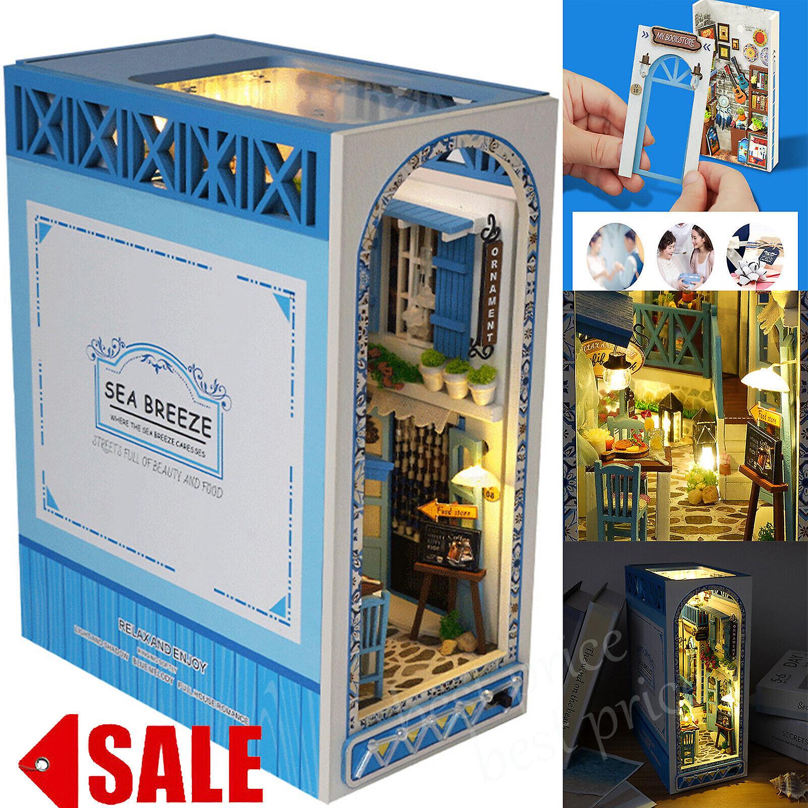 3D Book Nook Kit DIY Wooden Puzzle Bookshelf Insert Dollhouse Decor LED Light