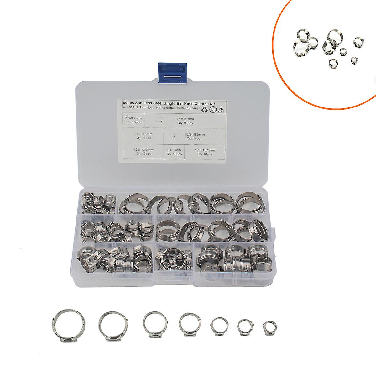 80Pcs Hose Connection Hoop Stainless Steel Single Ear Infinite Clamp 7 Specifications