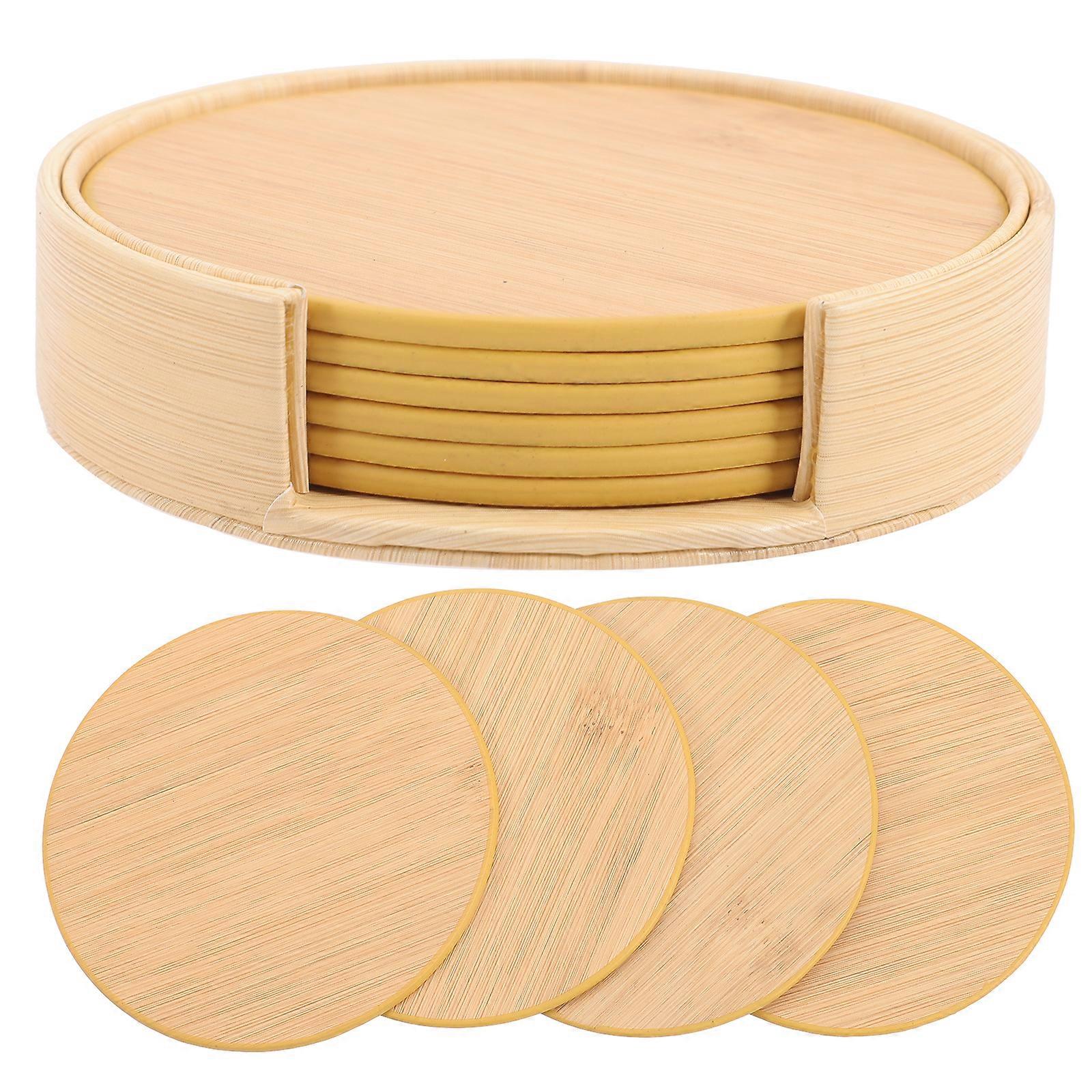 1 Set Leather Round Coaster Bamboo Grain Coaster Heat Insulation Table Coasters