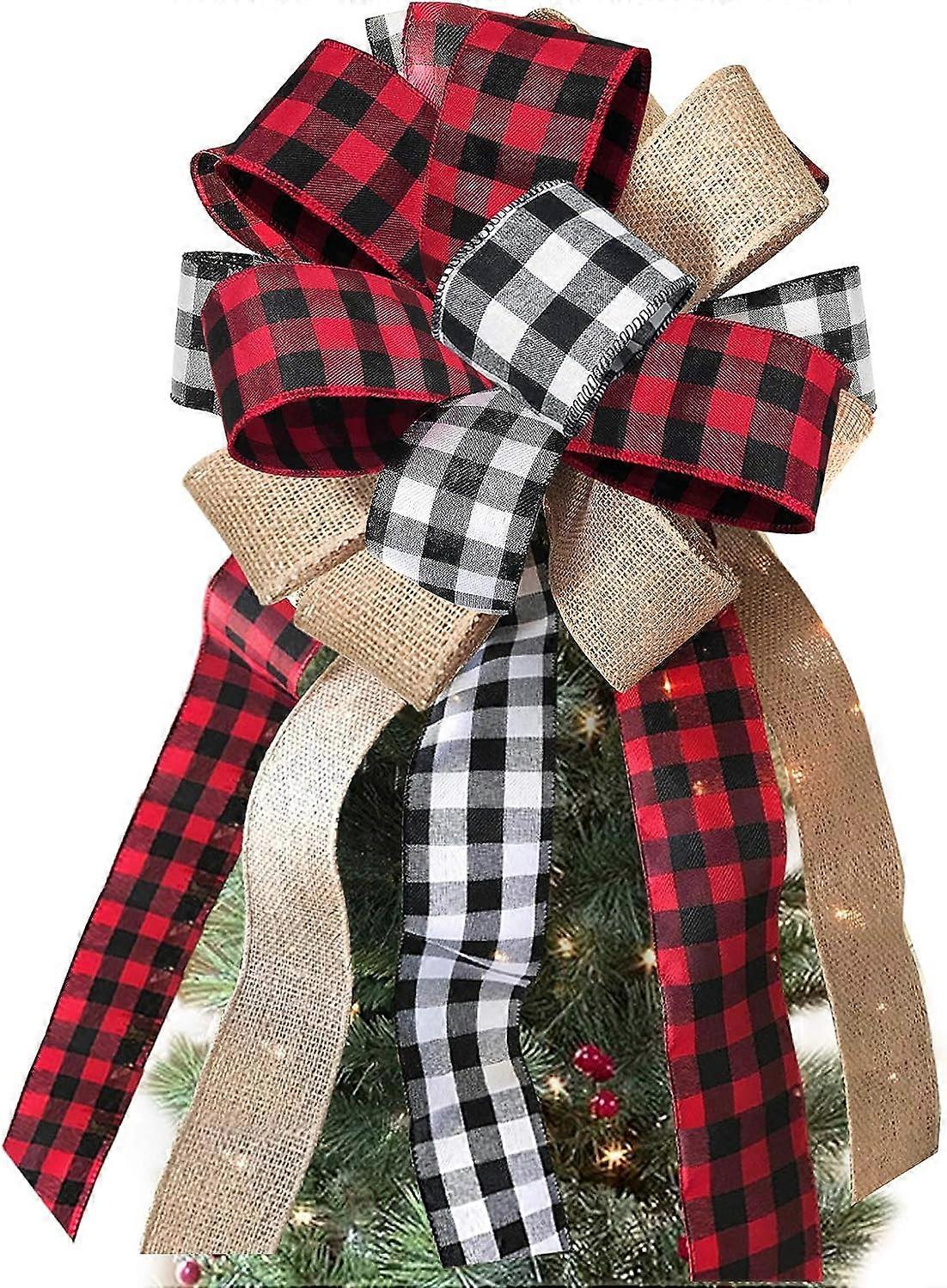 QQDD Christmas Tree Topper - Buffalo Plaid Red Black Burlap Decorative Bow - Rustic Farmhouse X