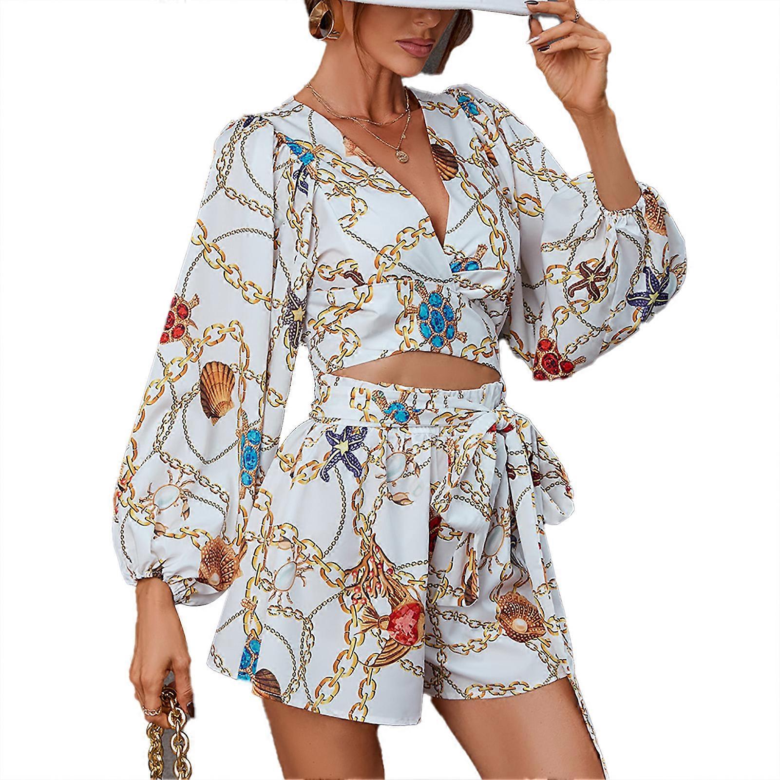 Women Jumpsuit Cut Out Deep V Neck Lantern Long Sleeved Belt Shorts Slim Fit Jumpsuit Apricot M