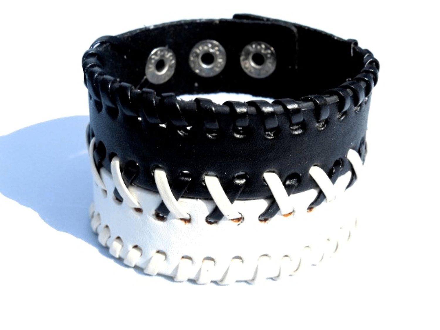 Leather bracelet black &white braided 