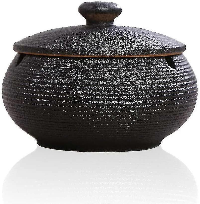 Ceramic Ashtray With Lid, Windproof, Retro Chinese Style, Black