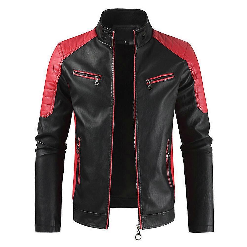 VAWAN Mens Casual PU Color Matching Stand Collar All-match Jacket