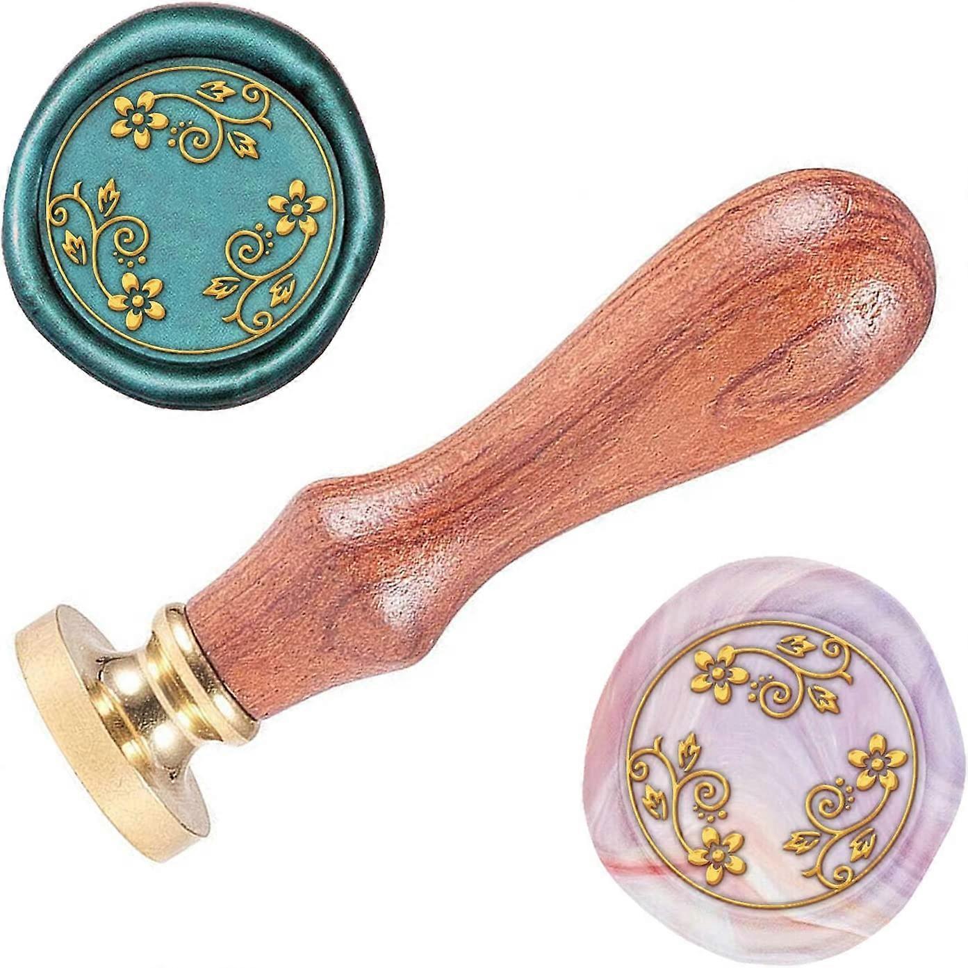 Wax Seal Stamp Three Flowers Pattern Vintage Seal Stamp Retro Removable Brass Head 0.98" Wooden Handle Seal Stamp for Greeting Card, Envelope Invitati