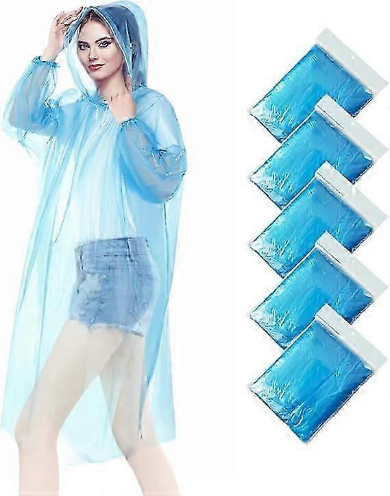 5 Pack Disposable Rain Ponchos - One Size Rain With Hood and Sleeves Ideal for Festivals, Camping, Fishing, Theme Parks etc