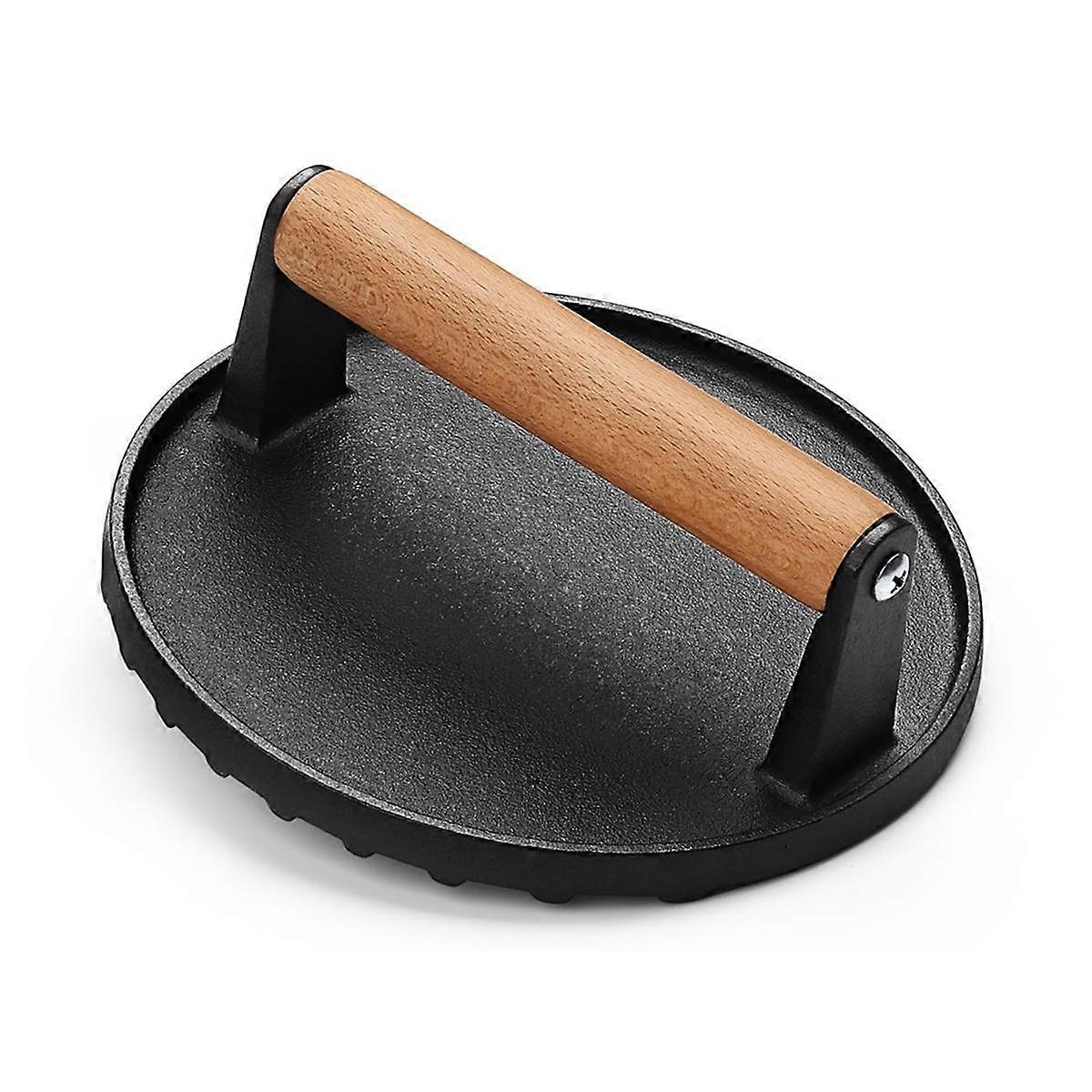 Burger Press 7Inch Round Cast Iron Smash Bacon Press Meat Steak with Wood Handle for Griddle, Sandwich, Nonstick Pan