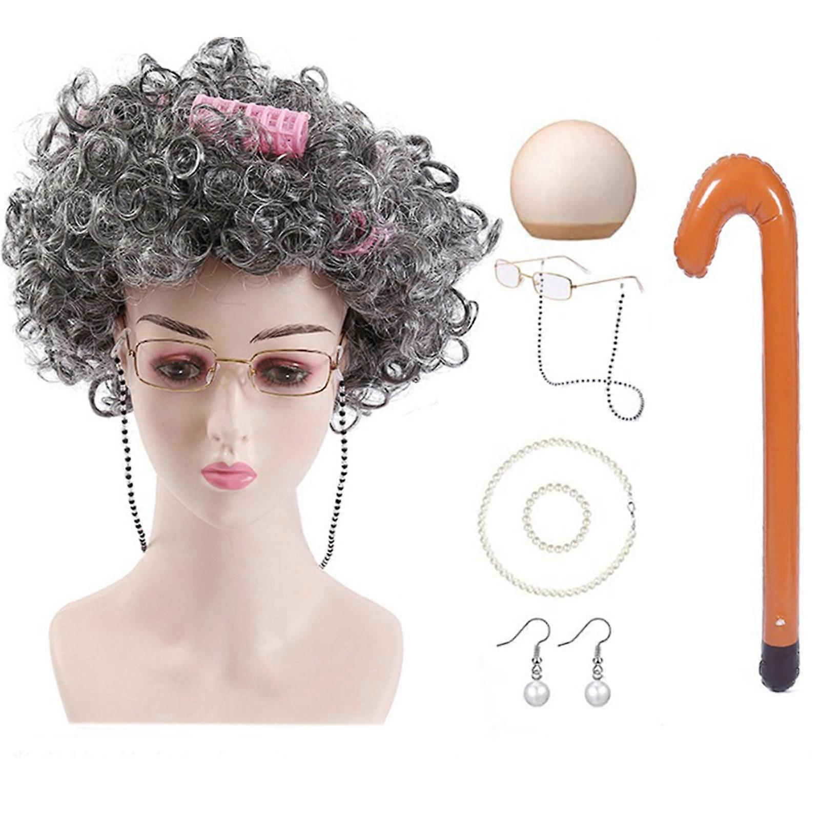 Oude dame kostuum Set-grootmoeder pruik, pruik caps, Madea oma bril, lenzenvloeistof...
