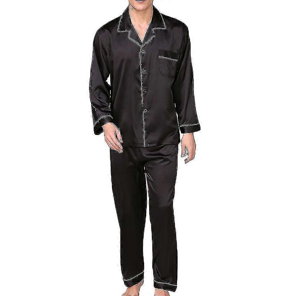 Z Herren Seidige Satin-Pyjama-Sets, langärmeliges Button-Down-Pyjama-Set mit Taschen-Nachtwäsche Loungewear schnell