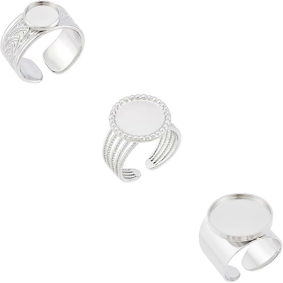 3Pcs 3 Styles Flat Round Cabochon Bezel Blank Tray Ring Bases Stainless Steel Finger Ring Components Open Adjustable Cuff Ring Blanks Pad Ring Setting