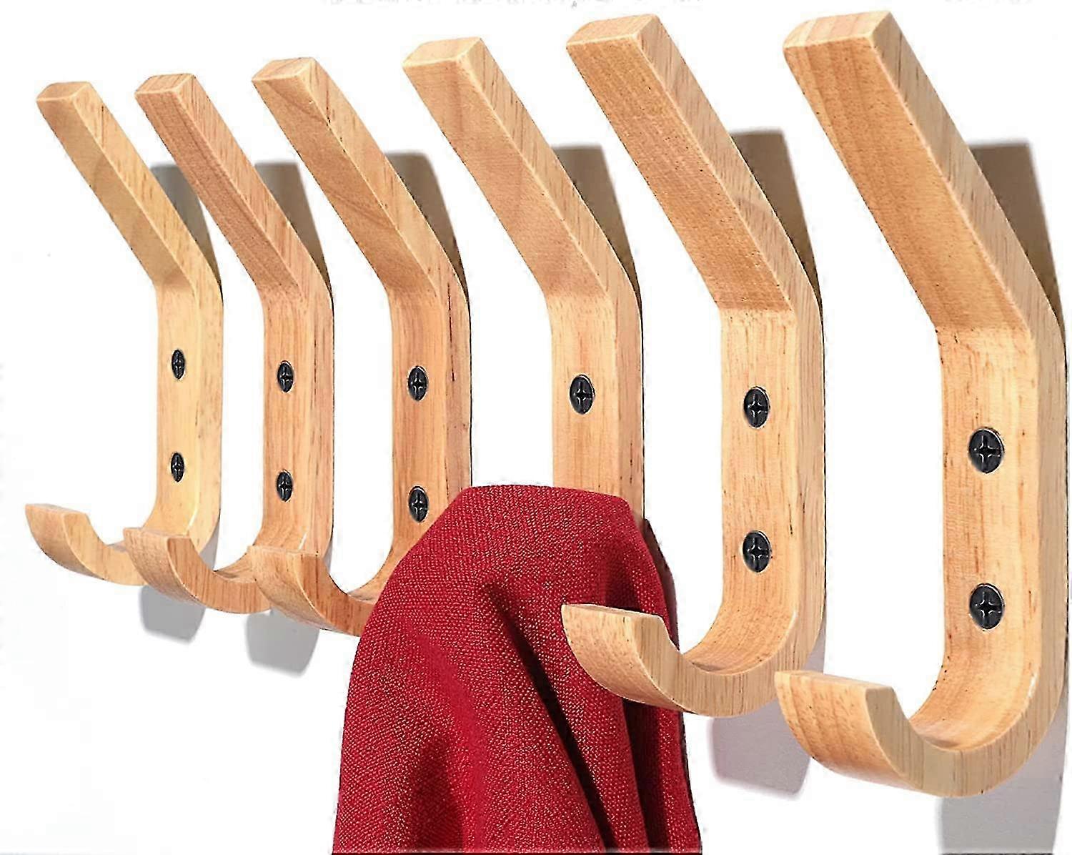 6Pcs Natural Wood Wall Hooks Coat Rack Storage Organizer